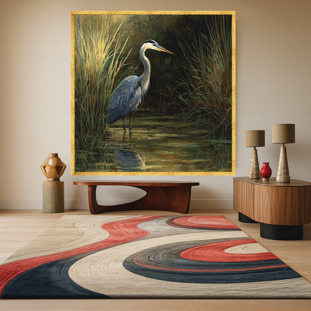 Majestic Heron in Marsh, Wildlife Canvas Wall Art, Nature Scene Decor, Bird Water Reflection Painting, Rustic Home Decoration