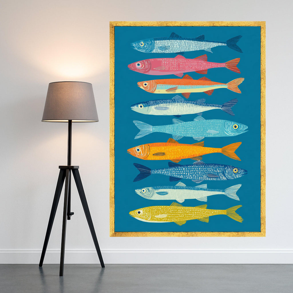 Vibrant Colorful Sardines Canvas Wall Art, Nautical Fish Illustration, Coastal Home Decoration, Modern Marine Wall Art, Sea Life Canvas