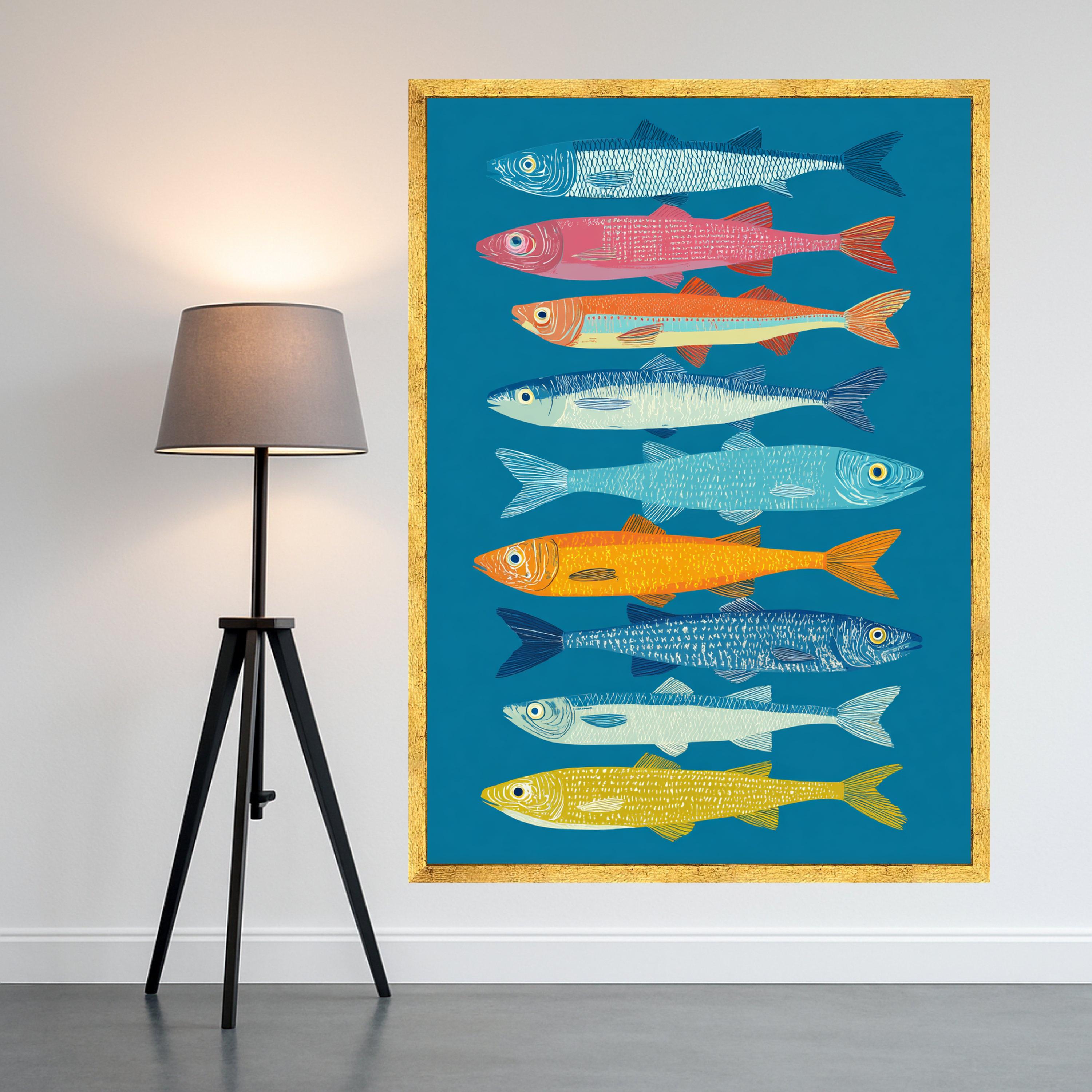 Vibrant Colorful Sardines Canvas Wall Art, Nautical Fish Illustration, Coastal Home Decoration, Modern Marine Wall Art, Sea Life Canvas