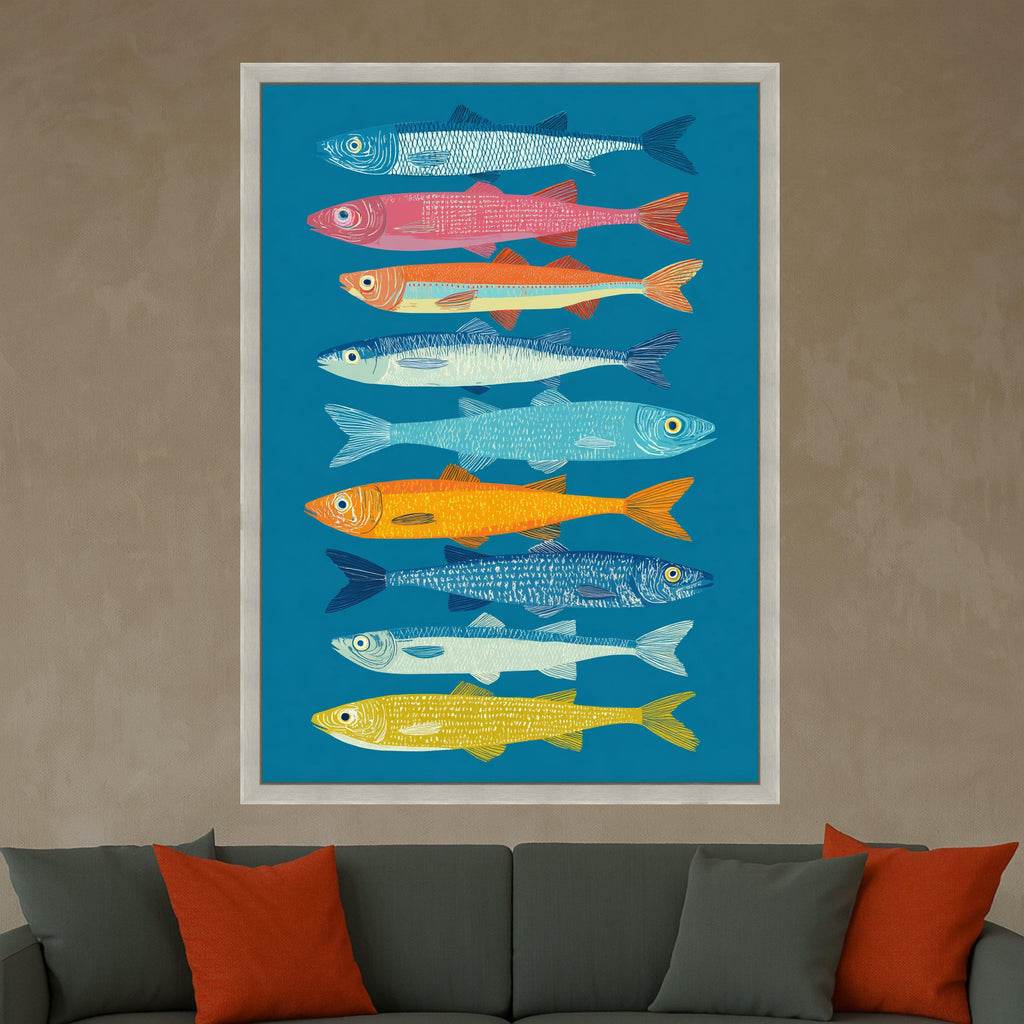 Vibrant Colorful Sardines Canvas Wall Art, Nautical Fish Illustration, Coastal Home Decoration, Modern Marine Wall Art, Sea Life Canvas