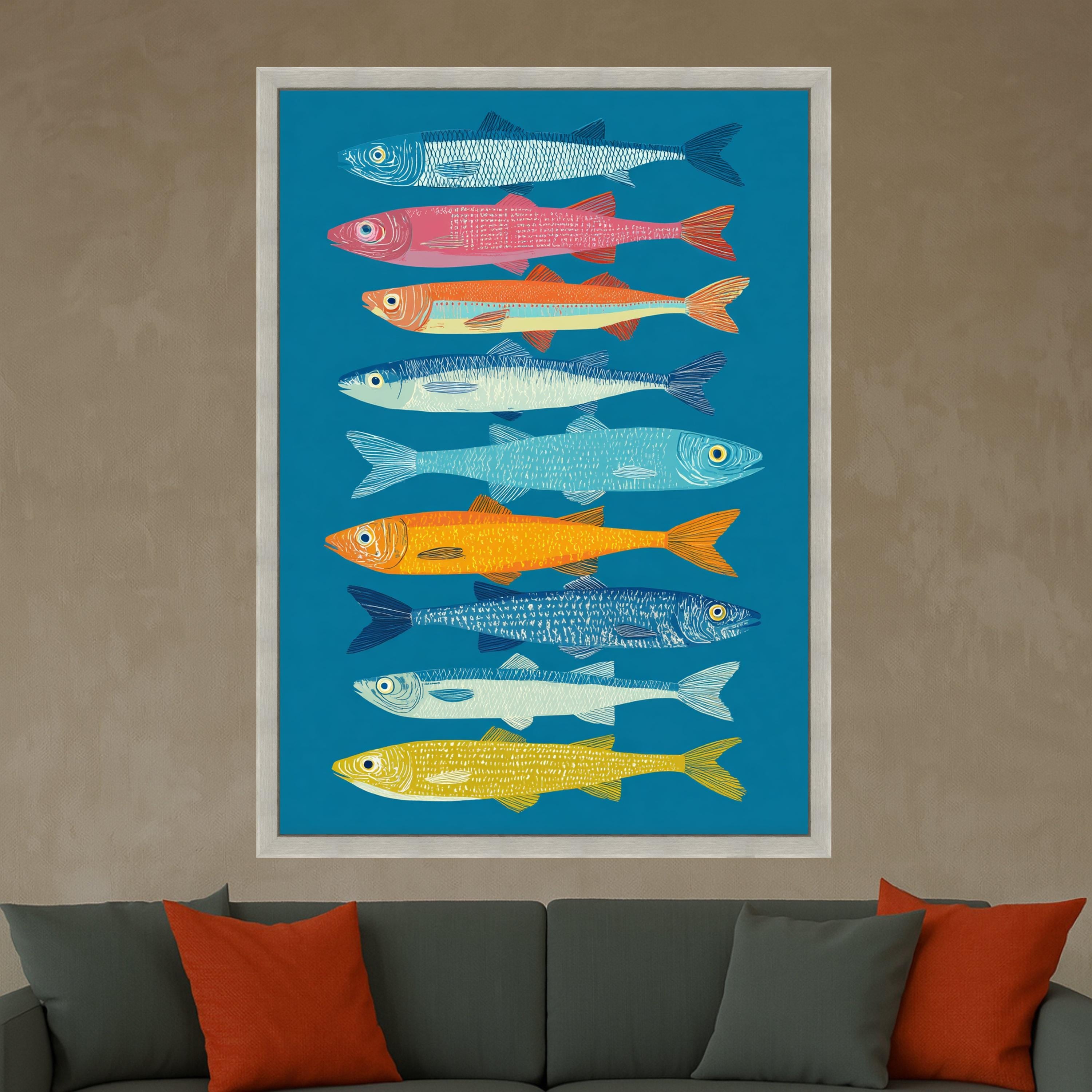 Vibrant Colorful Sardines Canvas Wall Art, Nautical Fish Illustration, Coastal Home Decoration, Modern Marine Wall Art, Sea Life Canvas