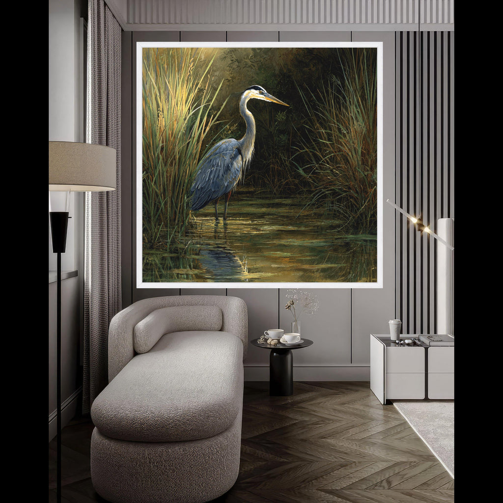 Majestic Heron in Marsh, Wildlife Canvas Wall Art, Nature Scene Decor, Bird Water Reflection Painting, Rustic Home Decoration