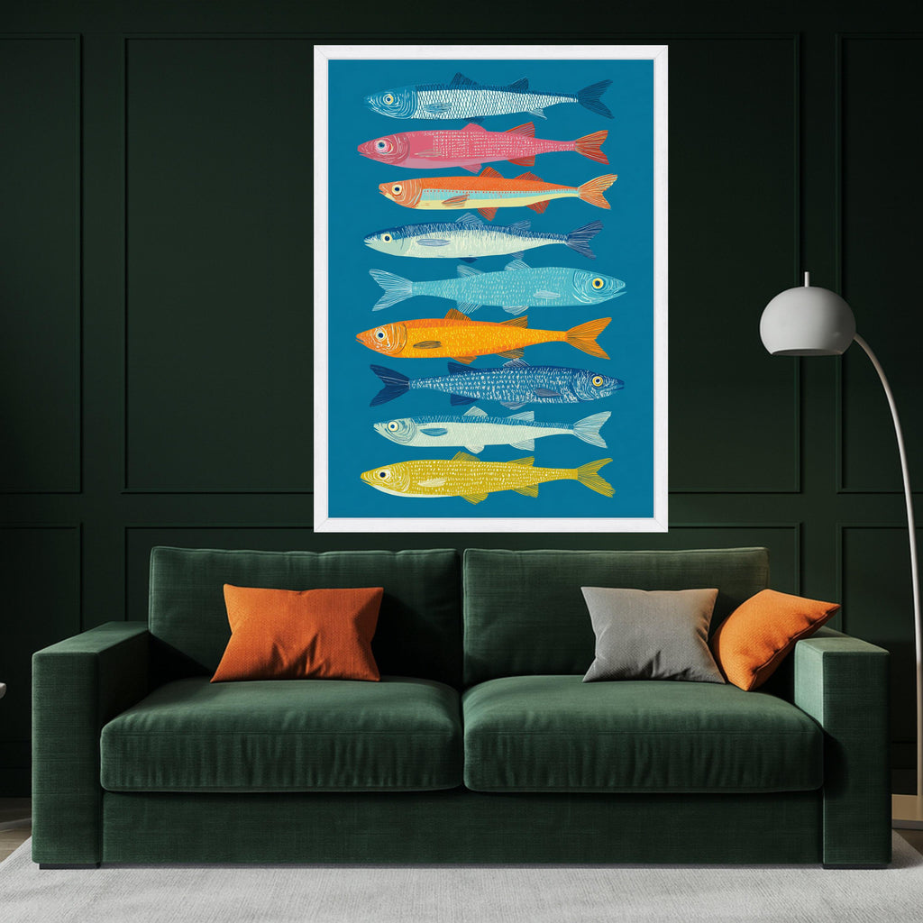 Vibrant Colorful Sardines Canvas Wall Art, Nautical Fish Illustration, Coastal Home Decoration, Modern Marine Wall Art, Sea Life Canvas