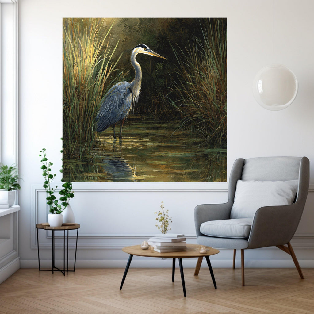 Majestic Heron in Marsh, Wildlife Canvas Wall Art, Nature Scene Decor, Bird Water Reflection Painting, Rustic Home Decoration