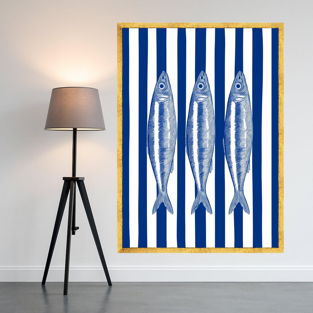 Nautical Fish Trio Canvas Wall Art, Blue Striped Background, Coastal Marine Decor, Seafood Illustration Canvas, Ocean Inspired Wall Hanging