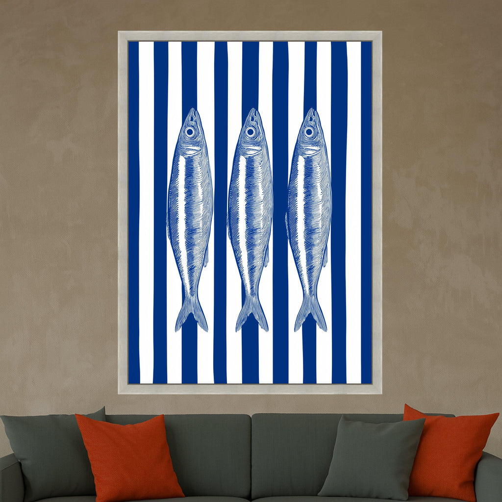Nautical Fish Trio Canvas Wall Art, Blue Striped Background, Coastal Marine Decor, Seafood Illustration Canvas, Ocean Inspired Wall Hanging