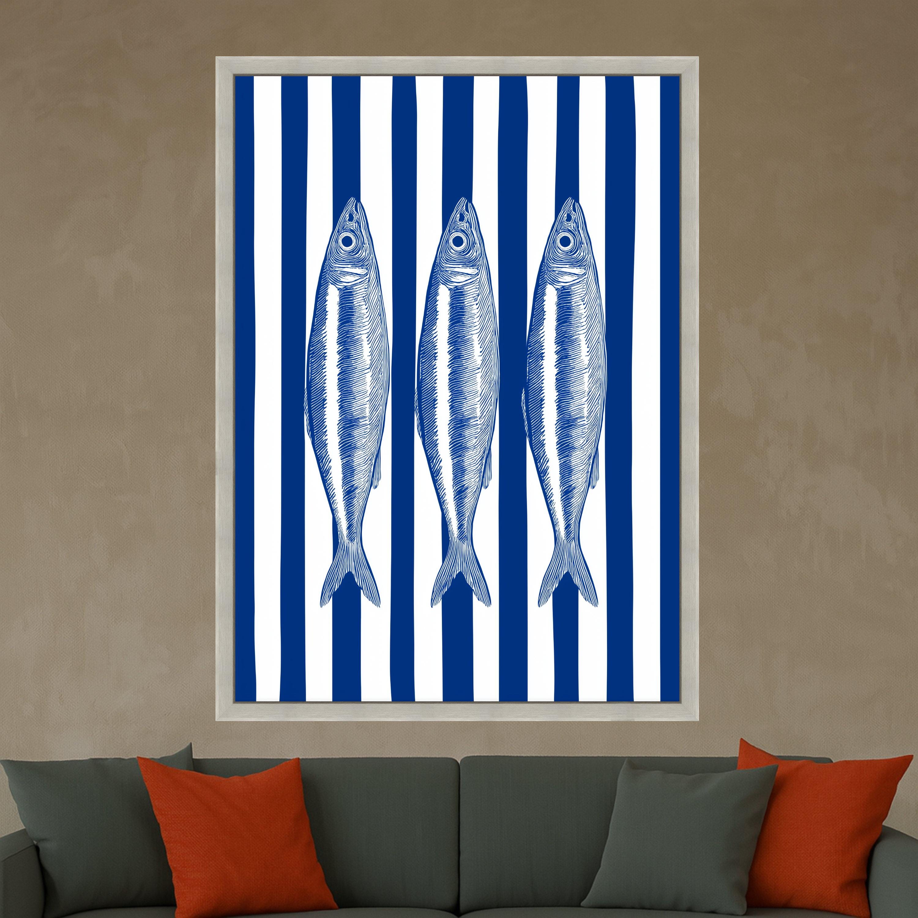 Nautical Fish Trio Canvas Wall Art, Blue Striped Background, Coastal Marine Decor, Seafood Illustration Canvas, Ocean Inspired Wall Hanging