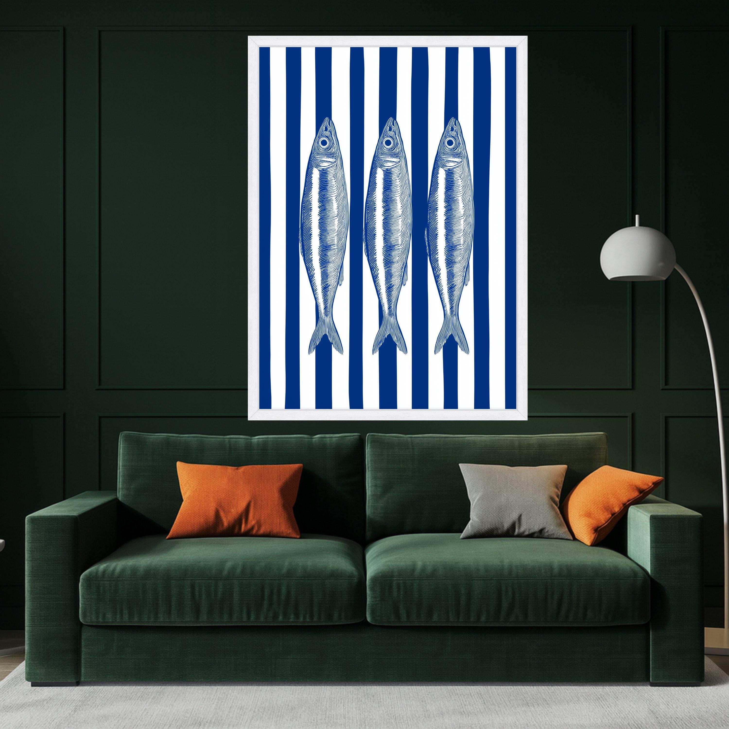 Nautical Fish Trio Canvas Wall Art, Blue Striped Background, Coastal Marine Decor, Seafood Illustration Canvas, Ocean Inspired Wall Hanging