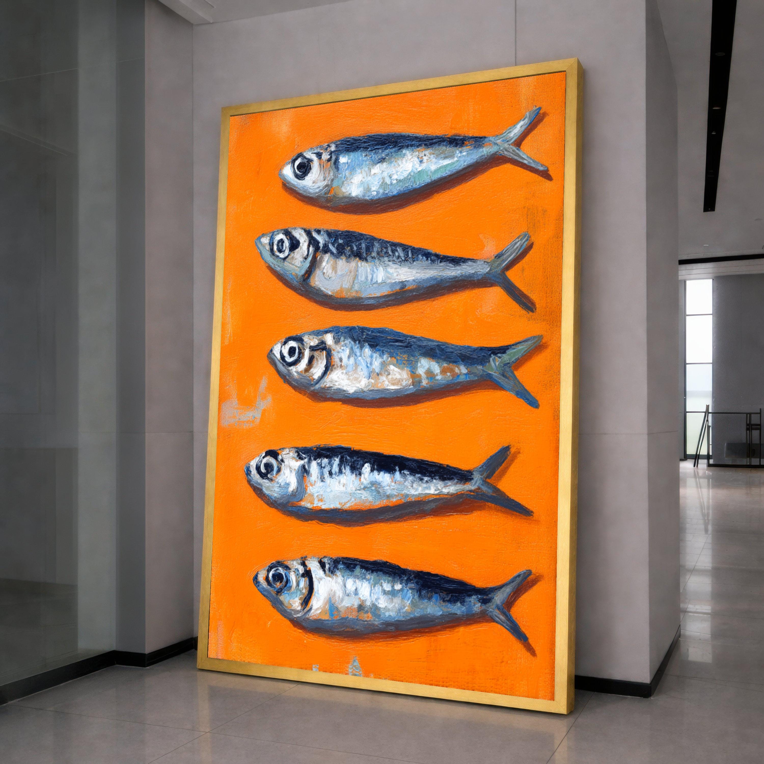 Vibrant Sardines Painting Canvas, Orange Background Sea Life Art, Kitchen Wall Decor, Coastal Fish Illustration, Modern Canvas Wall Art