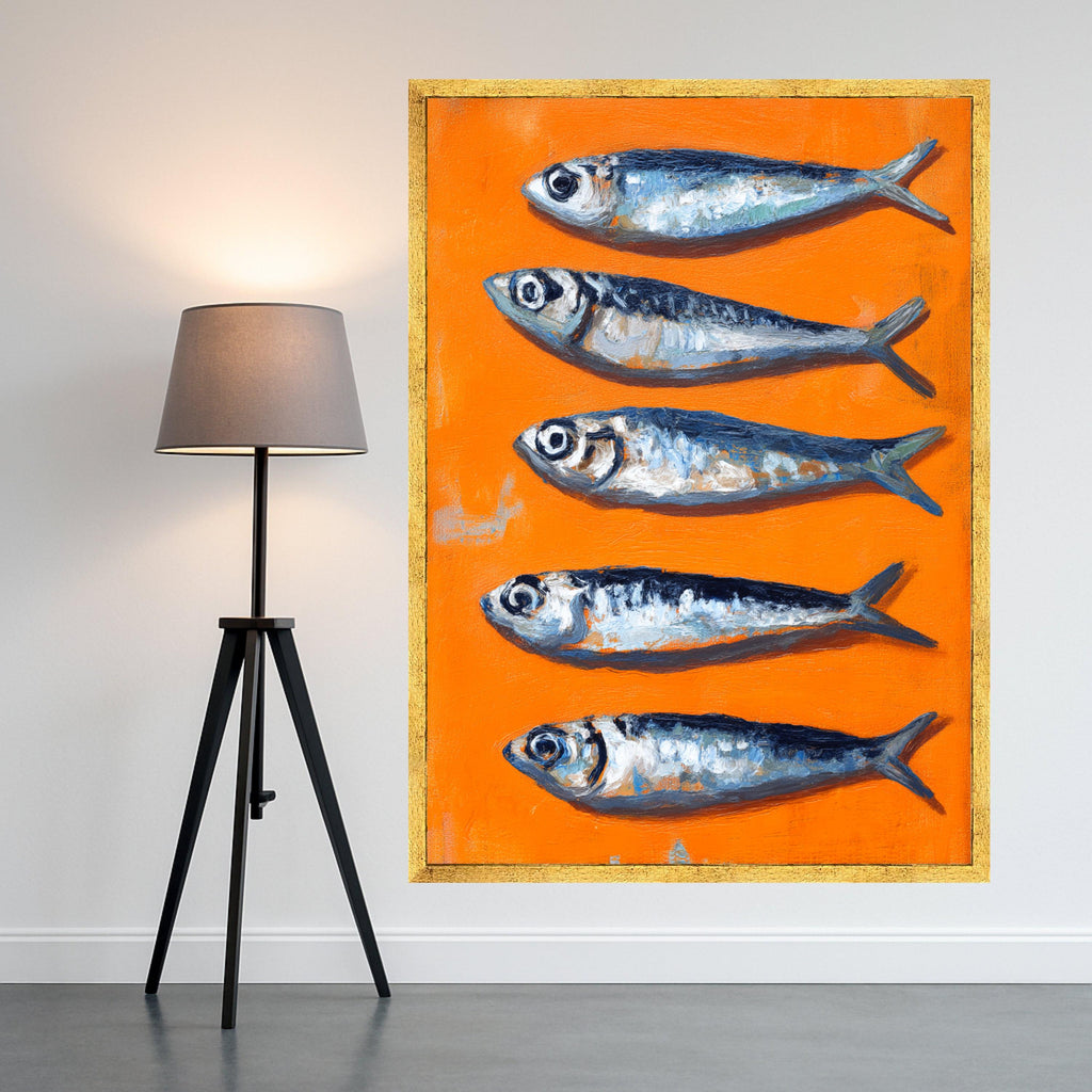 Vibrant Sardines Painting Canvas, Orange Background Sea Life Art, Kitchen Wall Decor, Coastal Fish Illustration, Modern Canvas Wall Art