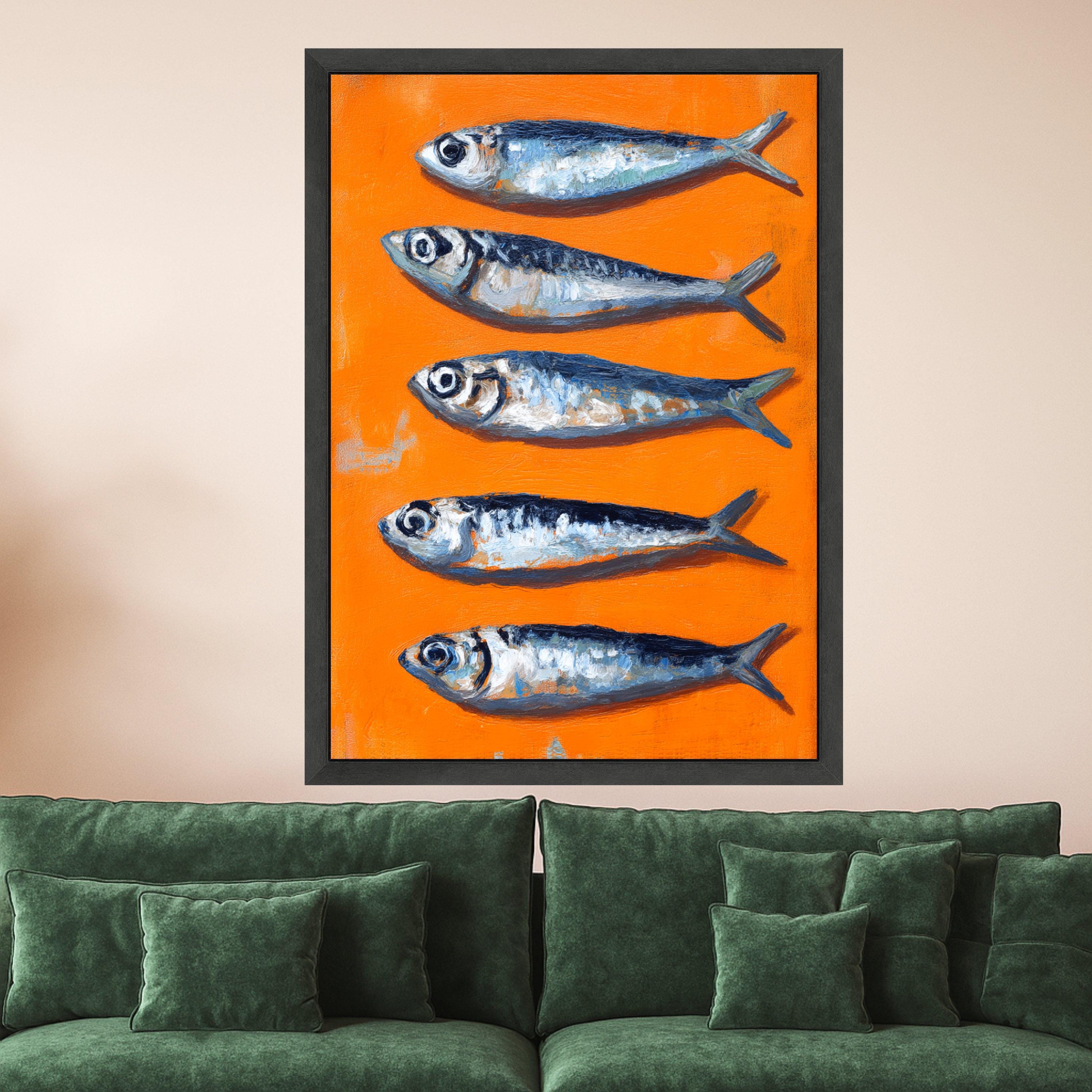 Vibrant Sardines Painting Canvas, Orange Background Sea Life Art, Kitchen Wall Decor, Coastal Fish Illustration, Modern Canvas Wall Art