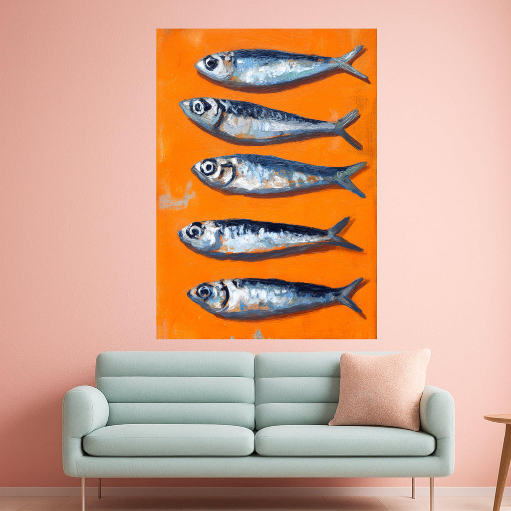Vibrant Sardines Painting Canvas, Orange Background Sea Life Art, Kitchen Wall Decor, Coastal Fish Illustration, Modern Canvas Wall Art