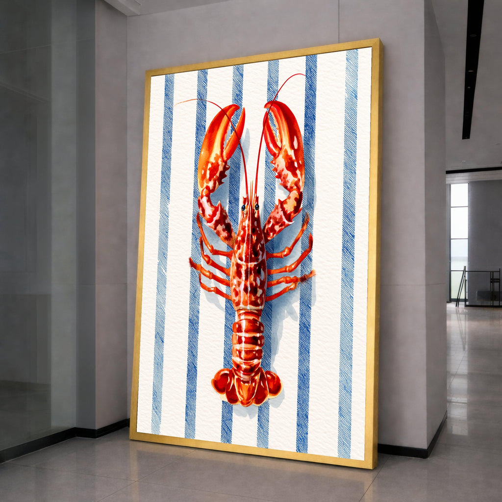 Vibrant Lobster Illustration Canvas, Nautical Blue Stripe Background, Coastal Kitchen Wall Art, Seafood Theme Canvas Decor