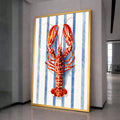 Vibrant Lobster Illustration Canvas, Nautical Blue Stripe Background, Coastal Kitchen Wall Art, Seafood Theme Canvas Decor
