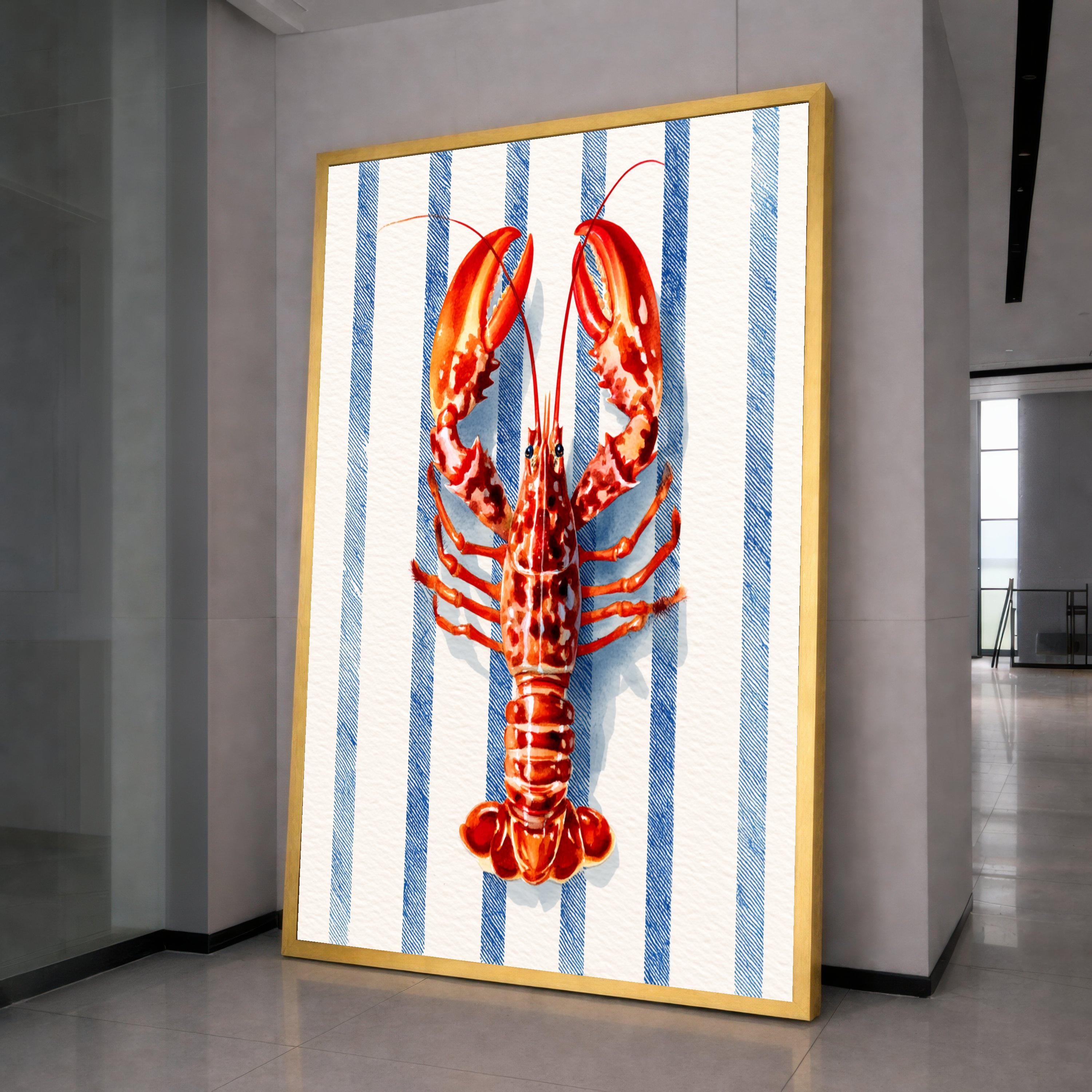 Vibrant Lobster Illustration Canvas, Nautical Blue Stripe Background, Coastal Kitchen Wall Art, Seafood Theme Canvas Decor