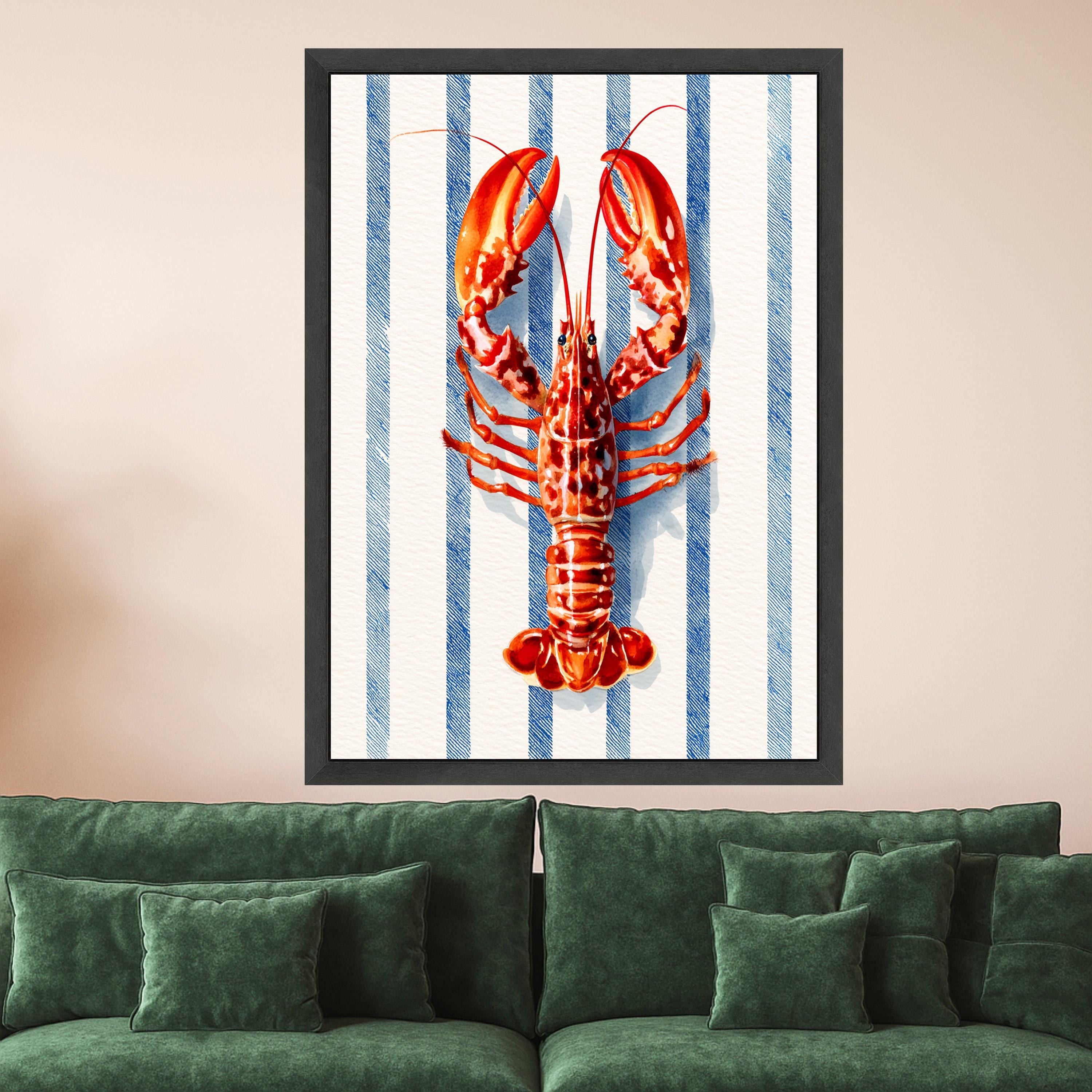 Vibrant Lobster Illustration Canvas, Nautical Blue Stripe Background, Coastal Kitchen Wall Art, Seafood Theme Canvas Decor