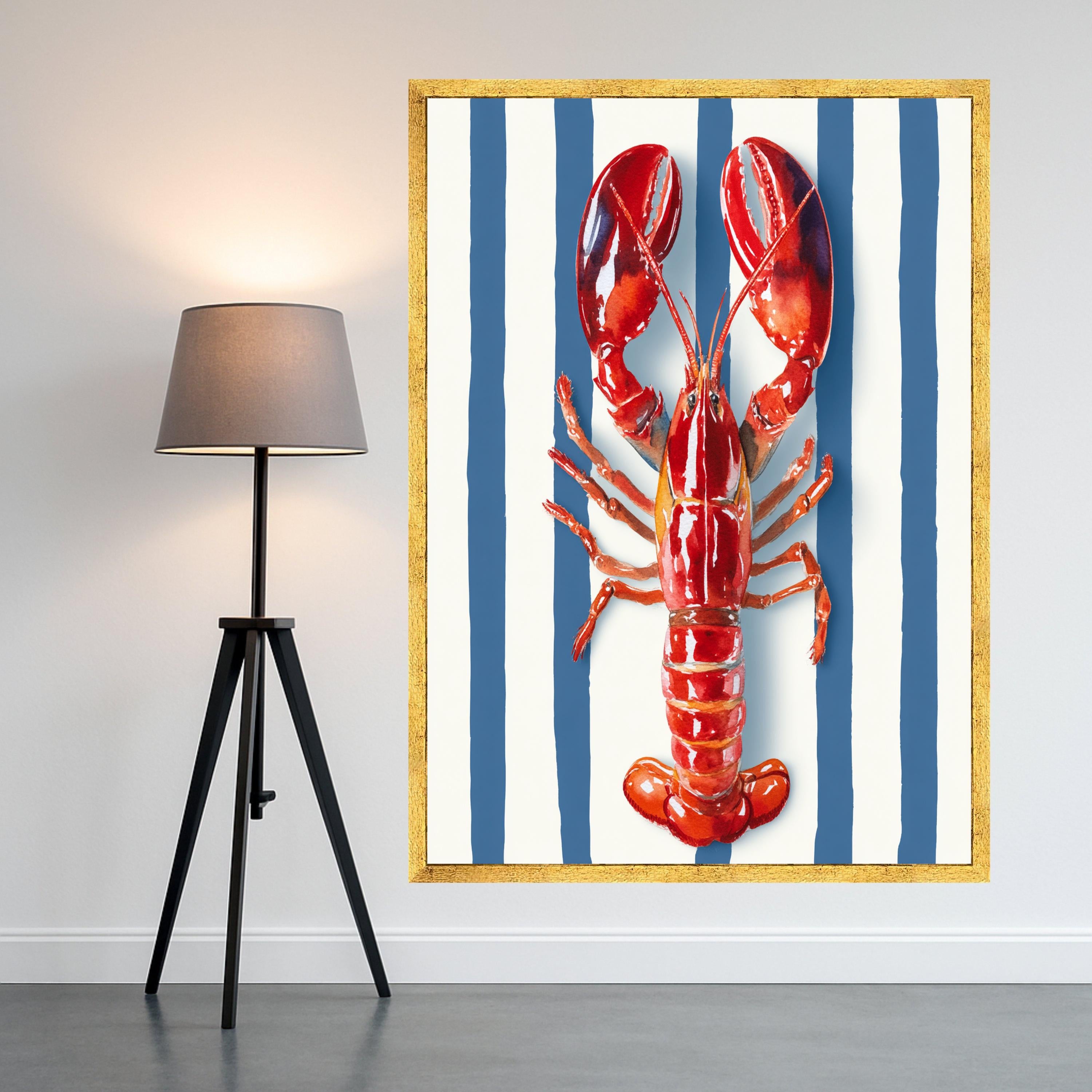 Vibrant Red Lobster Canvas Wall Art, Nautical Coastal Decor, Marine Animal Illustration, Blue and White Striped Background, Kitchen or Beach
