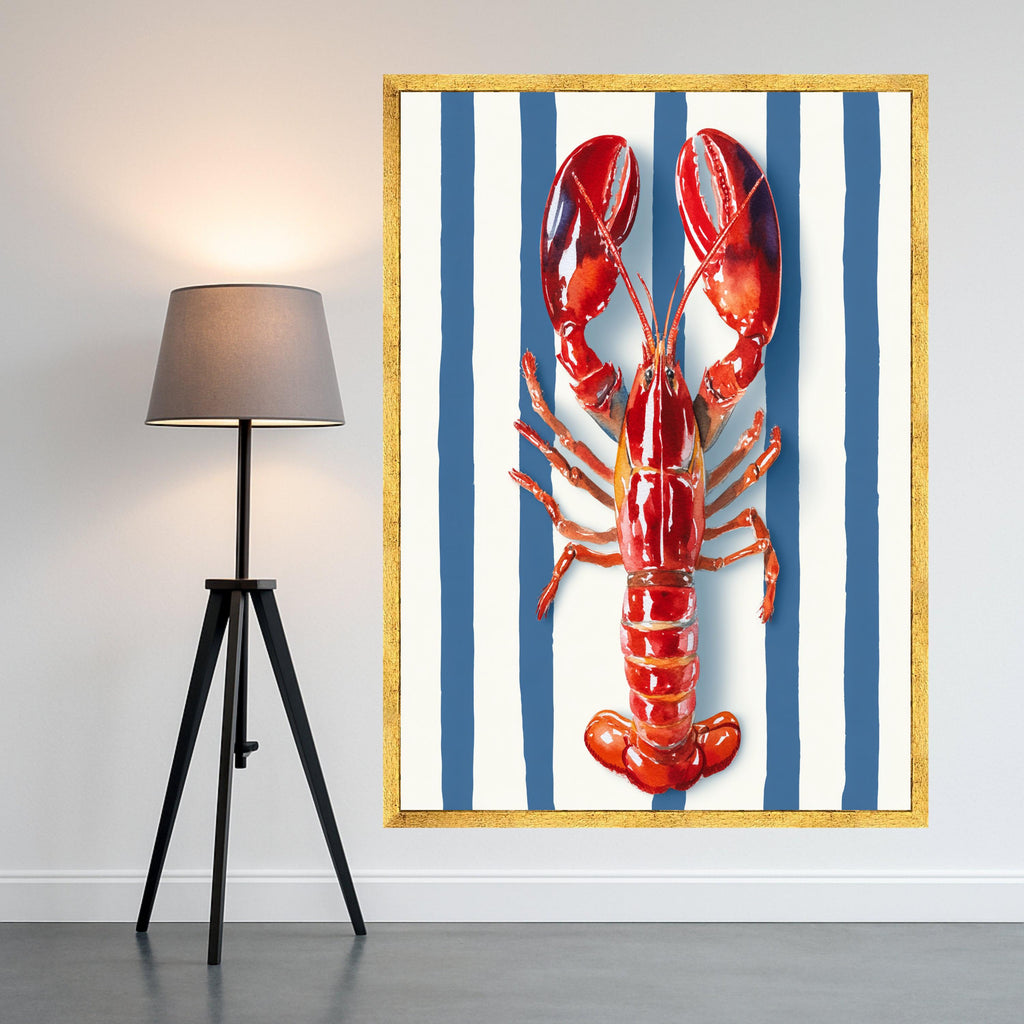 Vibrant Red Lobster Canvas Wall Art, Nautical Coastal Decor, Marine Animal Illustration, Blue and White Striped Background, Kitchen or Beach