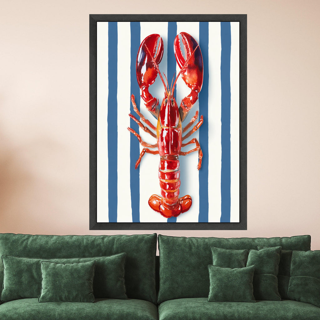 Vibrant Red Lobster Canvas Wall Art, Nautical Coastal Decor, Marine Animal Illustration, Blue and White Striped Background, Kitchen or Beach