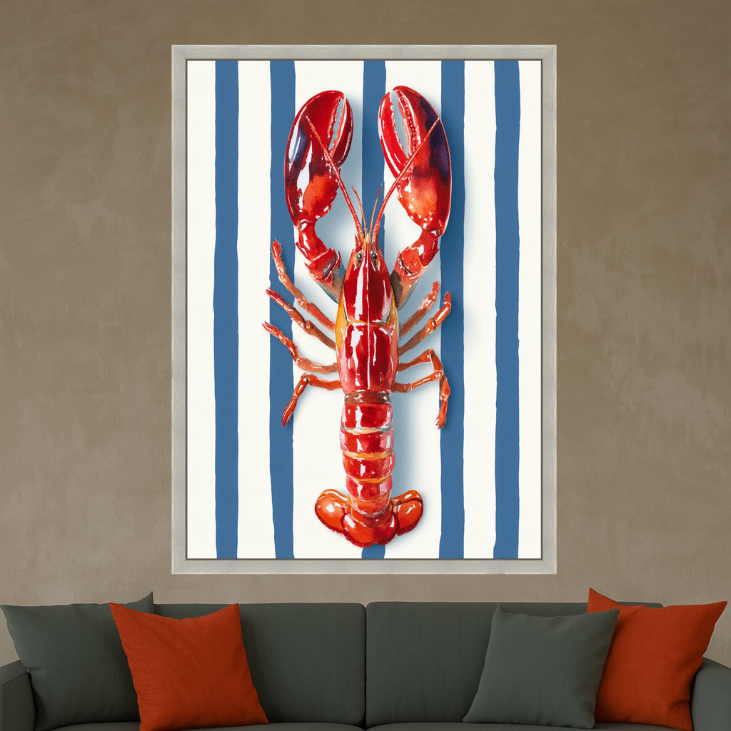 Vibrant Red Lobster Canvas Wall Art, Nautical Coastal Decor, Marine Animal Illustration, Blue and White Striped Background, Kitchen or Beach