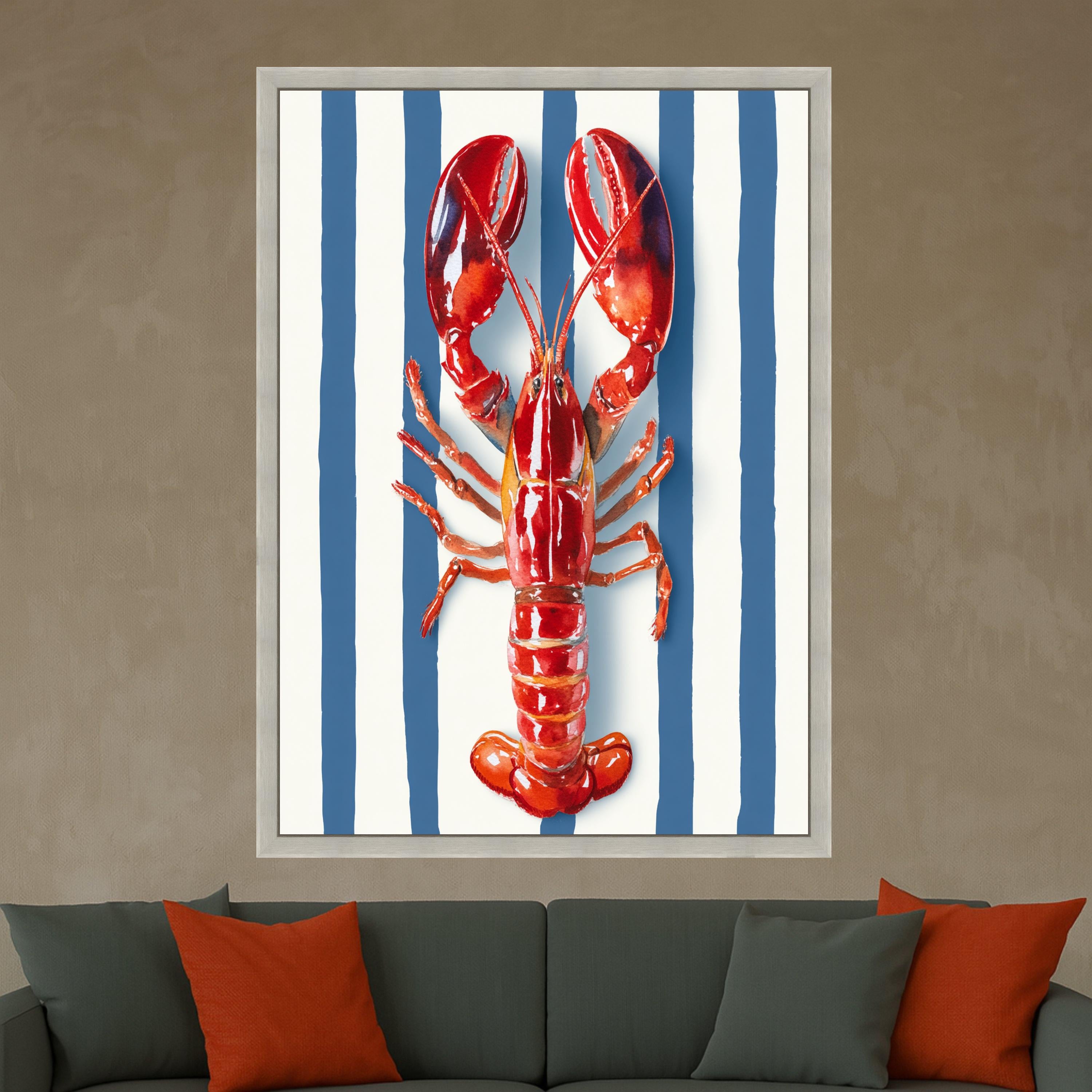 Vibrant Red Lobster Canvas Wall Art, Nautical Coastal Decor, Marine Animal Illustration, Blue and White Striped Background, Kitchen or Beach