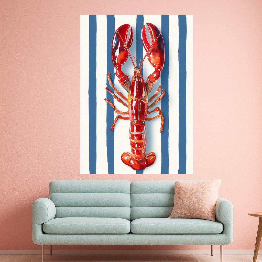 Vibrant Red Lobster Canvas Wall Art, Nautical Coastal Decor, Marine Animal Illustration, Blue and White Striped Background, Kitchen or Beach