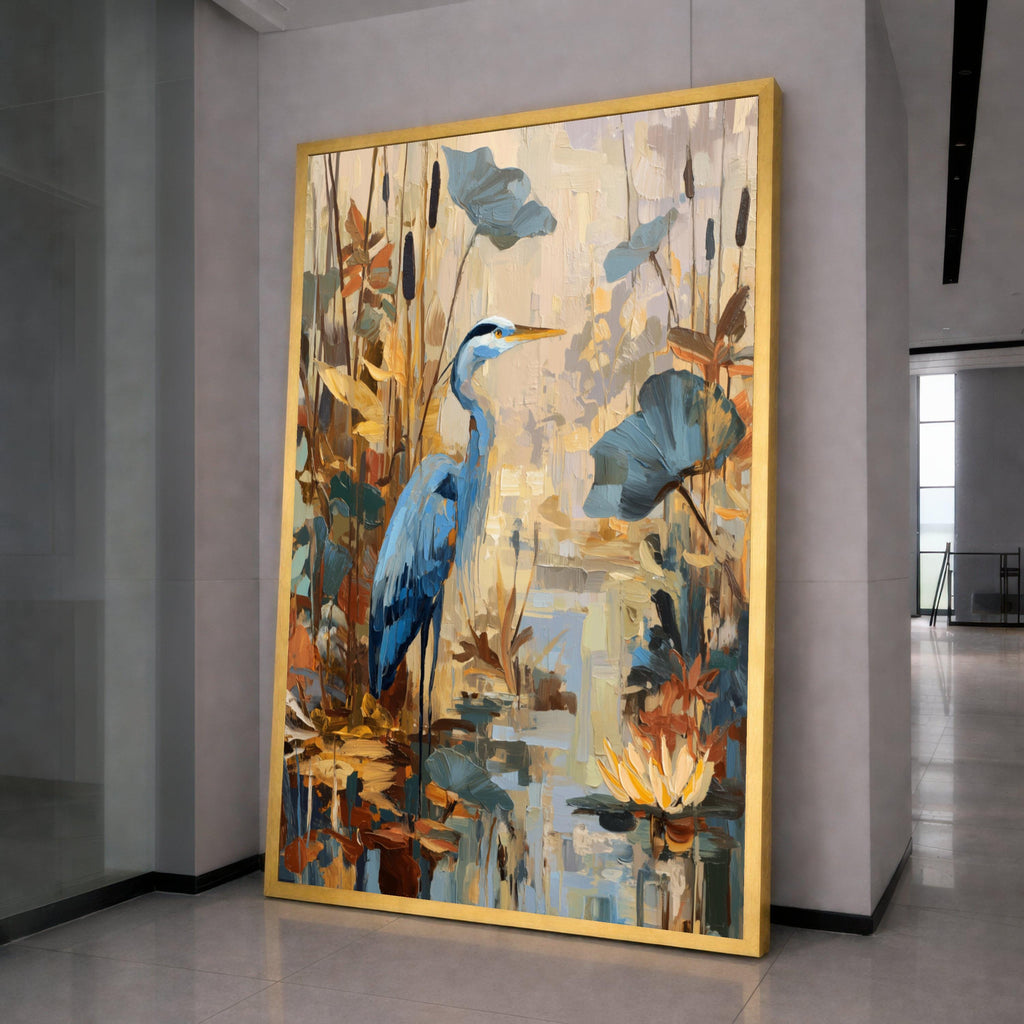 Tranquil Blue Heron Canvas, Pond Wildlife Wall Art, Nature Scene Painting, Water Lilies and Reeds, Rustic Home Decor Canvas