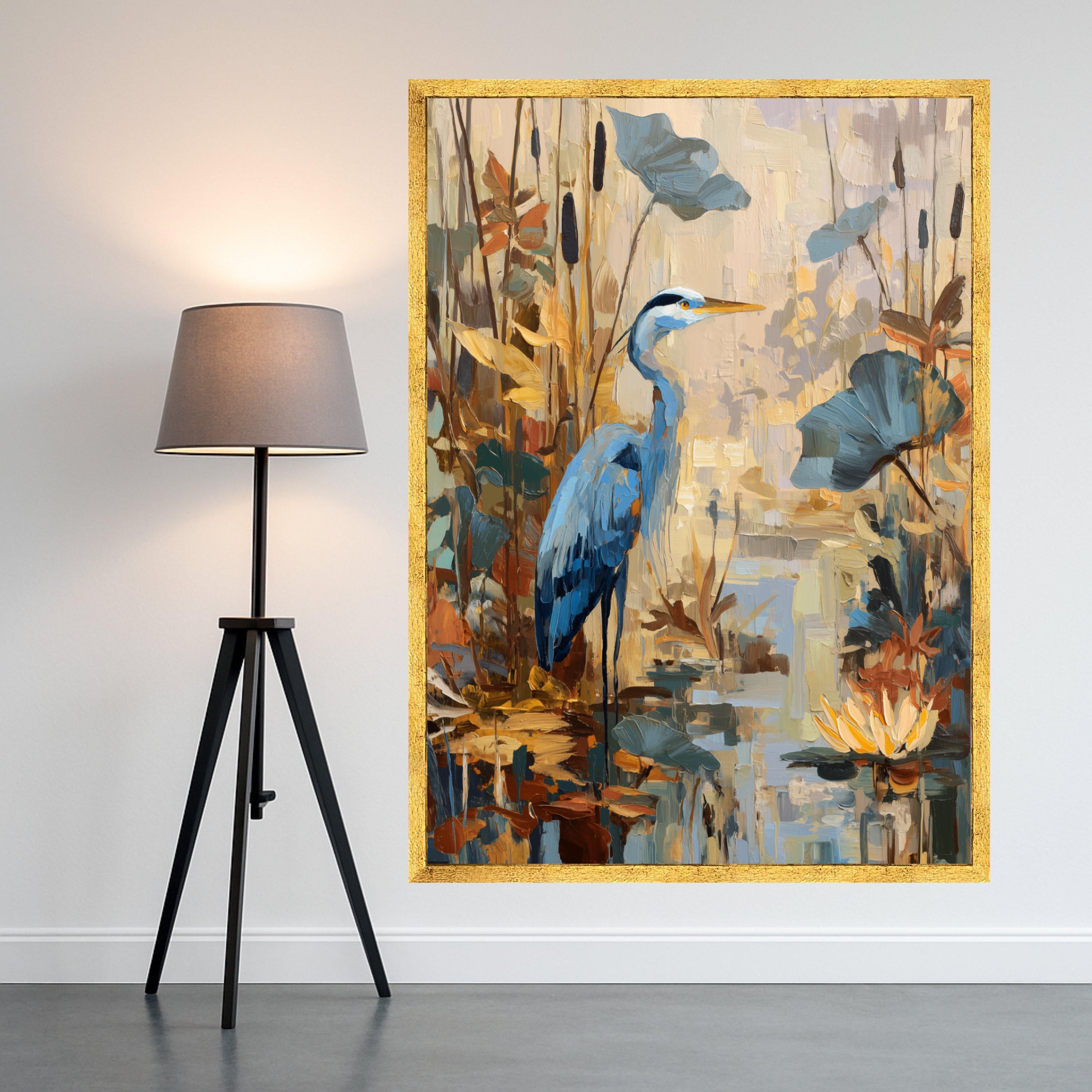 Tranquil Blue Heron Canvas, Pond Wildlife Wall Art, Nature Scene Painting, Water Lilies and Reeds, Rustic Home Decor Canvas