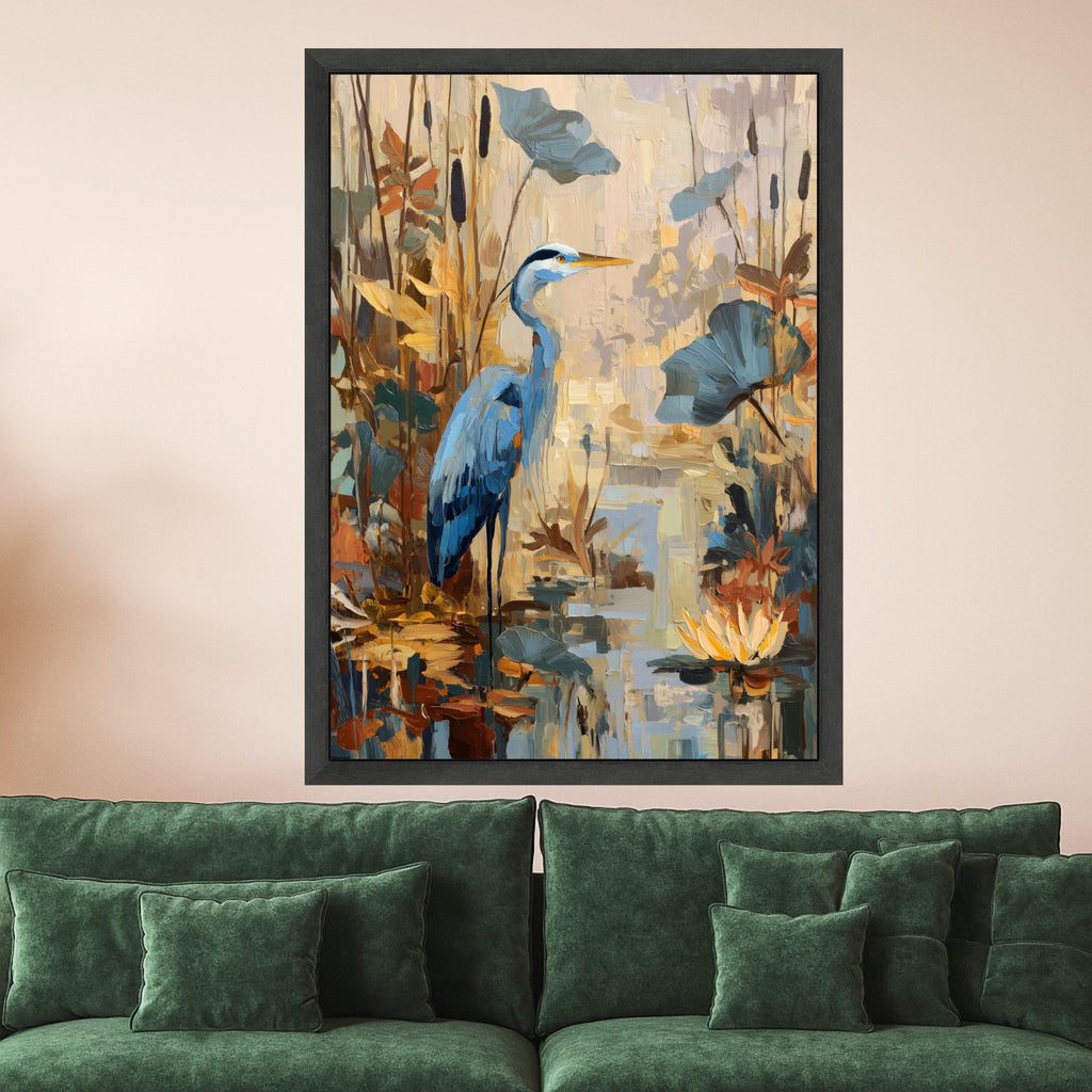 Tranquil Blue Heron Canvas, Pond Wildlife Wall Art, Nature Scene Painting, Water Lilies and Reeds, Rustic Home Decor Canvas