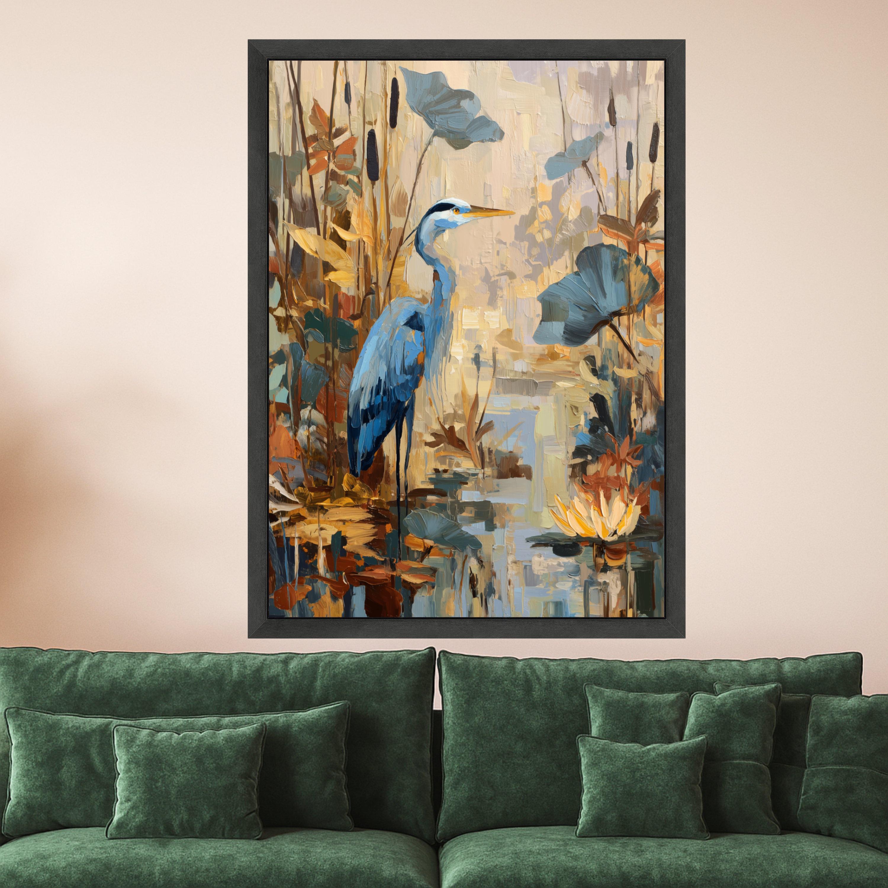 Tranquil Blue Heron Canvas, Pond Wildlife Wall Art, Nature Scene Painting, Water Lilies and Reeds, Rustic Home Decor Canvas
