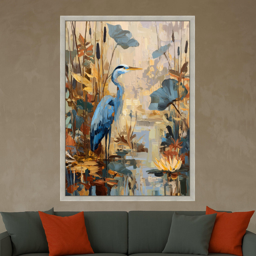Tranquil Blue Heron Canvas, Pond Wildlife Wall Art, Nature Scene Painting, Water Lilies and Reeds, Rustic Home Decor Canvas