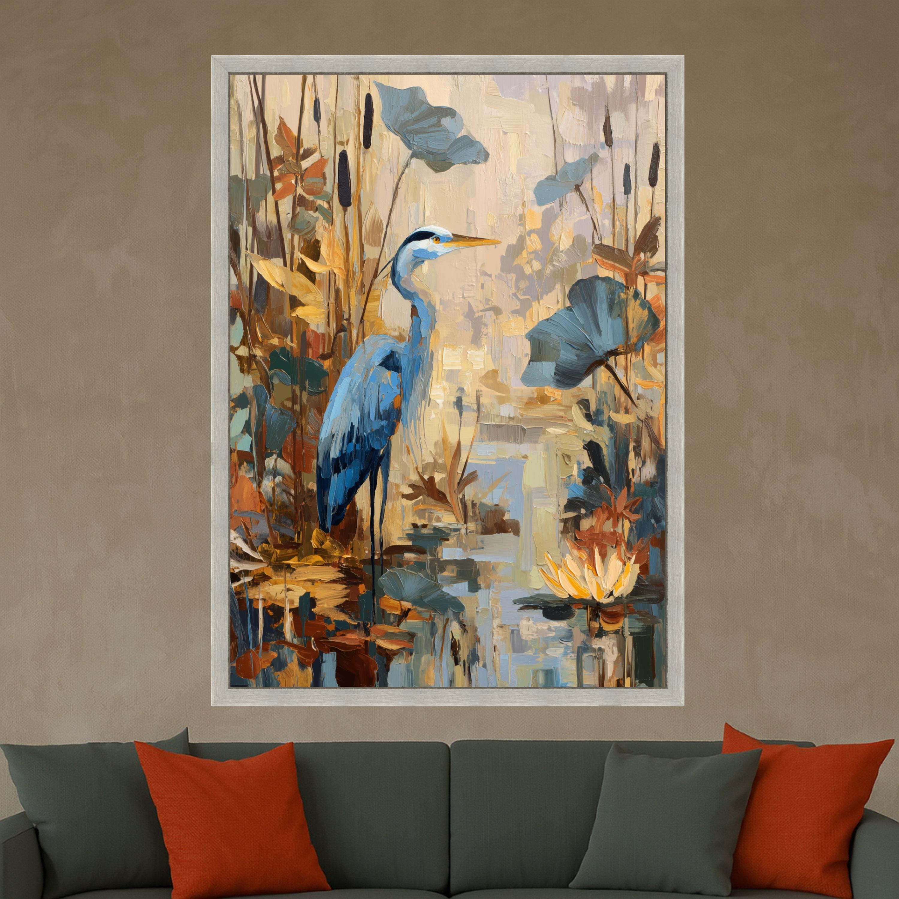 Tranquil Blue Heron Canvas, Pond Wildlife Wall Art, Nature Scene Painting, Water Lilies and Reeds, Rustic Home Decor Canvas