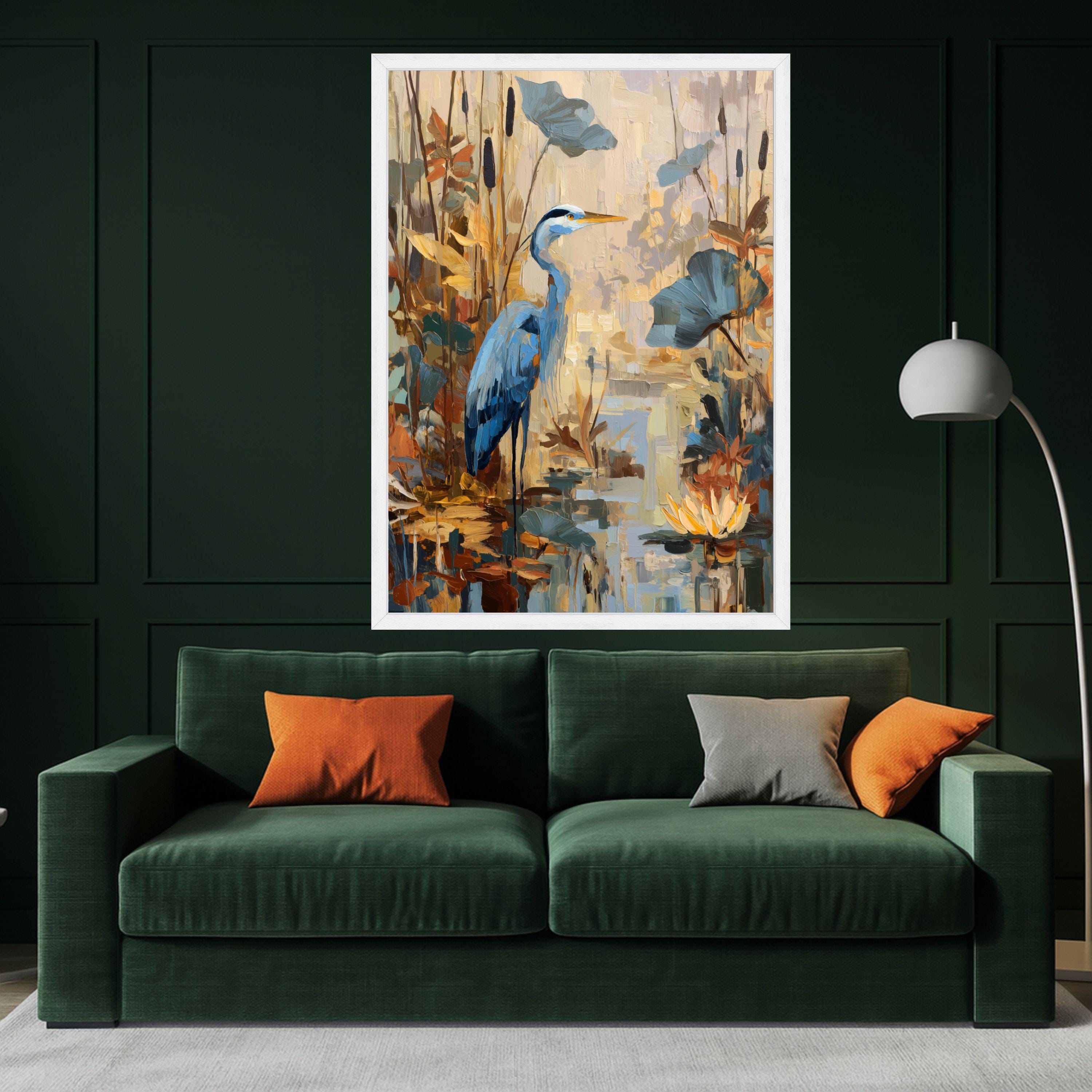 Tranquil Blue Heron Canvas, Pond Wildlife Wall Art, Nature Scene Painting, Water Lilies and Reeds, Rustic Home Decor Canvas