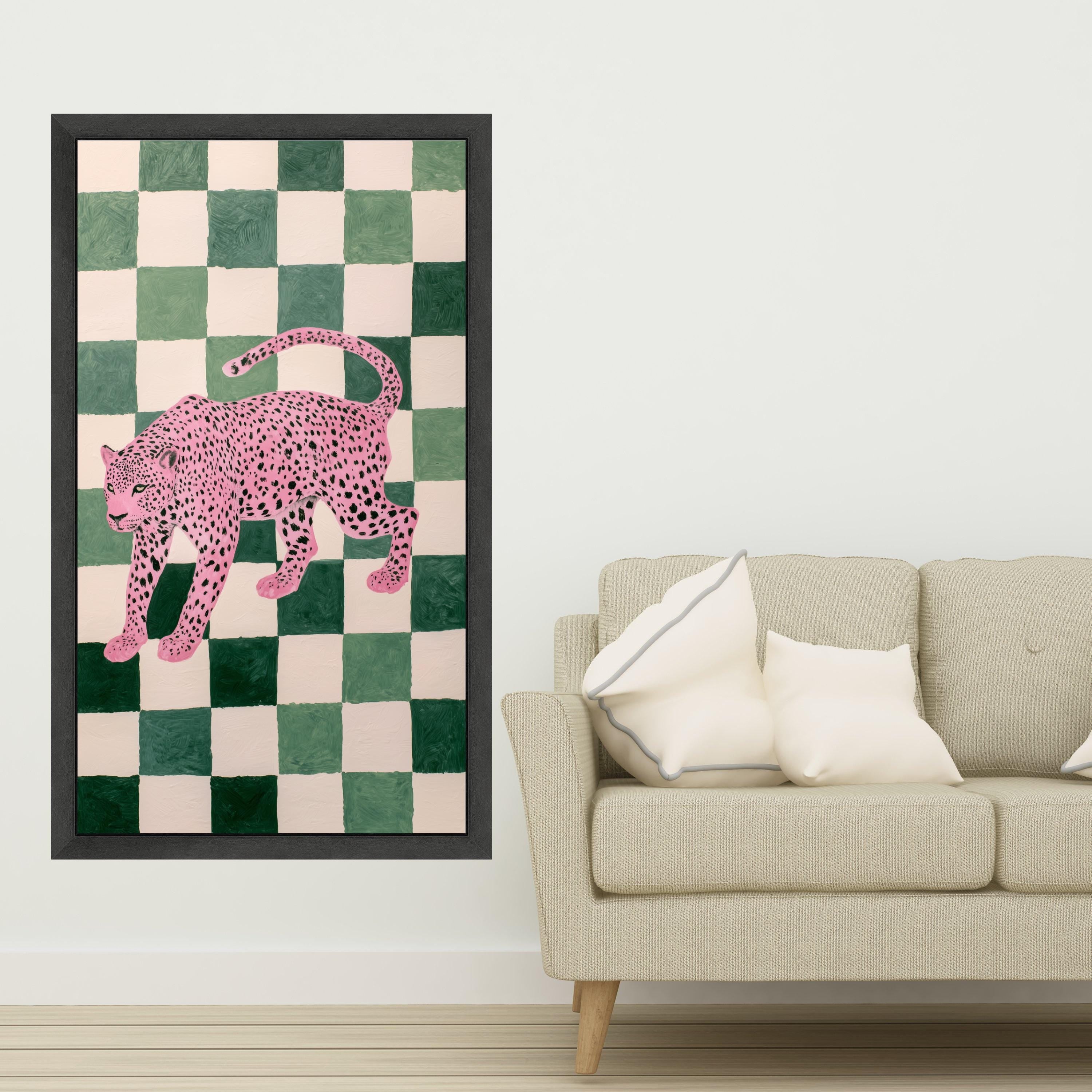 Pink Leopard Art Canvas, Modern Animal Wall Art, Green Checkerboard Background, Contemporary Wildlife Canvas, Bold Home Decor, Ready to Hang