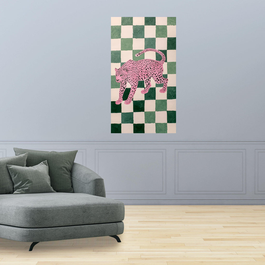Pink Leopard Art Canvas, Modern Animal Wall Art, Green Checkerboard Background, Contemporary Wildlife Canvas, Bold Home Decor, Ready to Hang