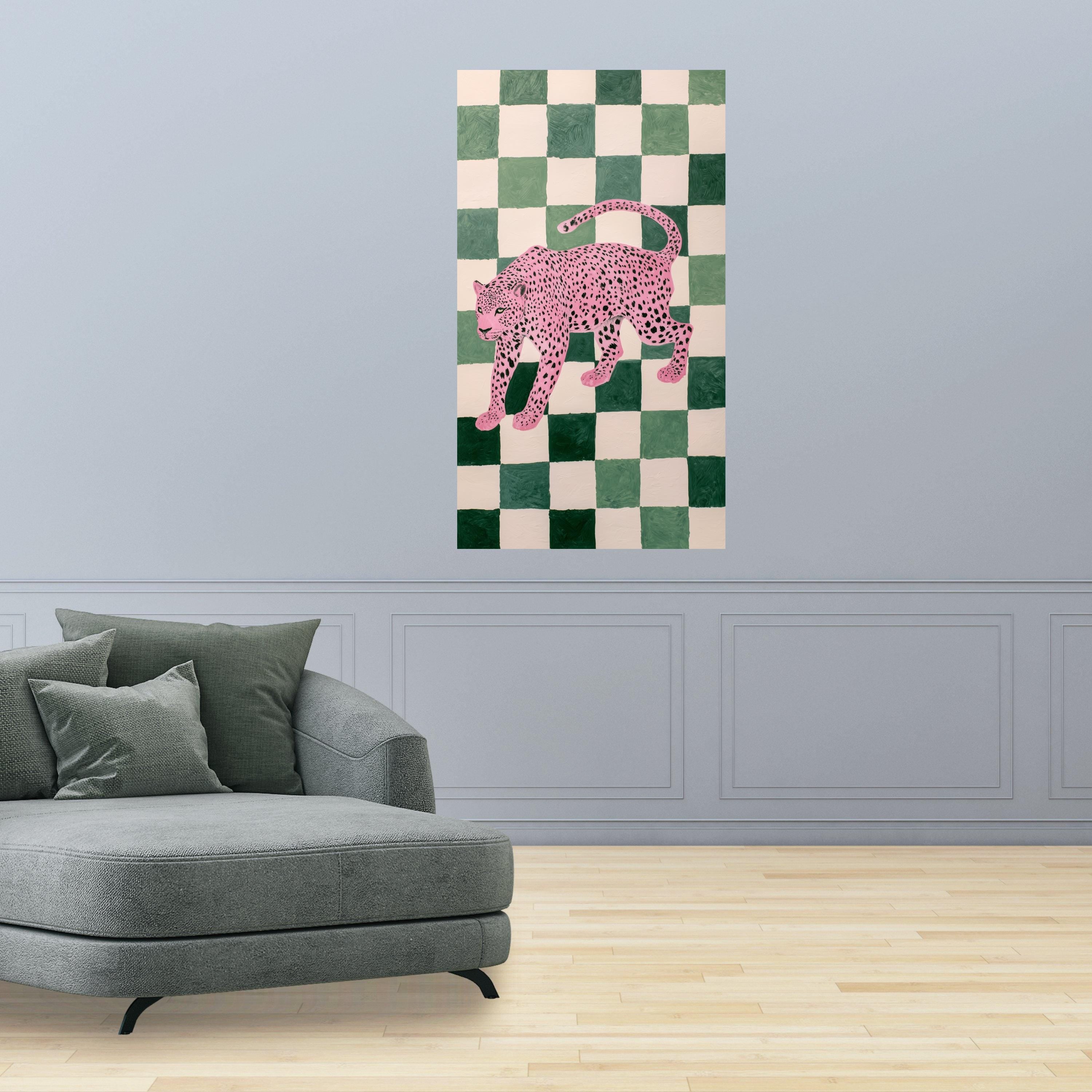Pink Leopard Art Canvas, Modern Animal Wall Art, Green Checkerboard Background, Contemporary Wildlife Canvas, Bold Home Decor, Ready to Hang