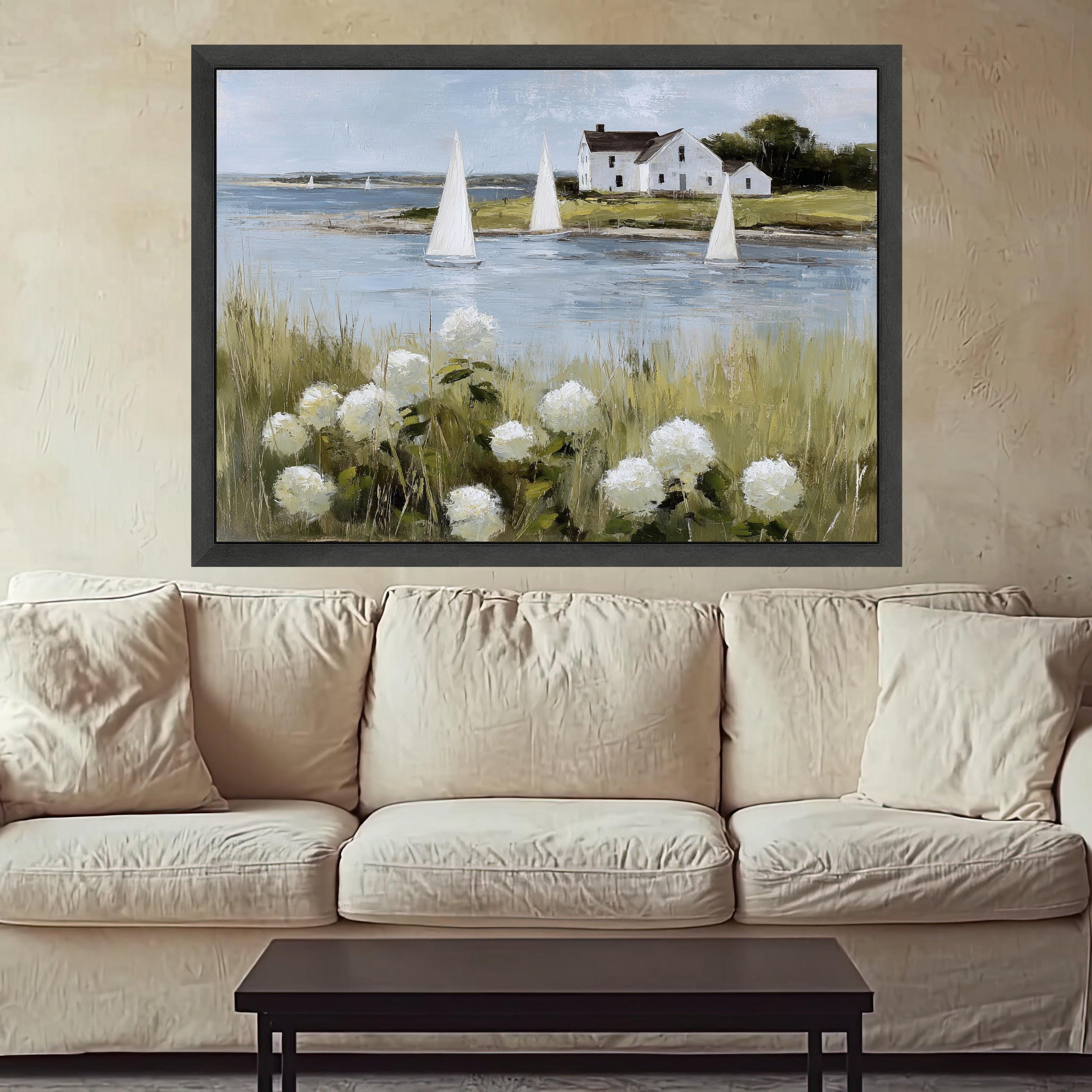 Coastal Sailboats and White Hydrangeas Canvas, Seaside Landscape Wall Art, Rustic House by Water Canvas, Nautical Home Decor, Ready to Hang