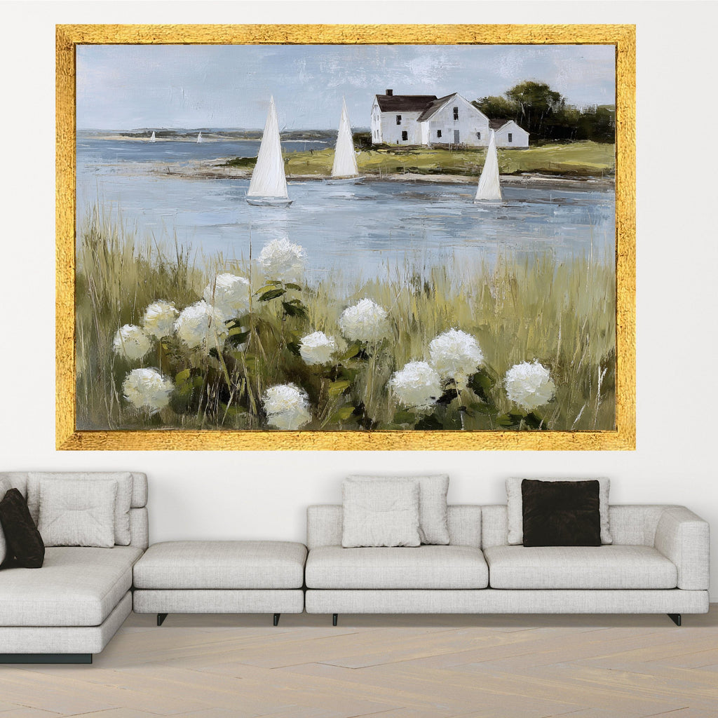 Coastal Sailboats and White Hydrangeas Canvas, Seaside Landscape Wall Art, Rustic House by Water Canvas, Nautical Home Decor, Ready to Hang