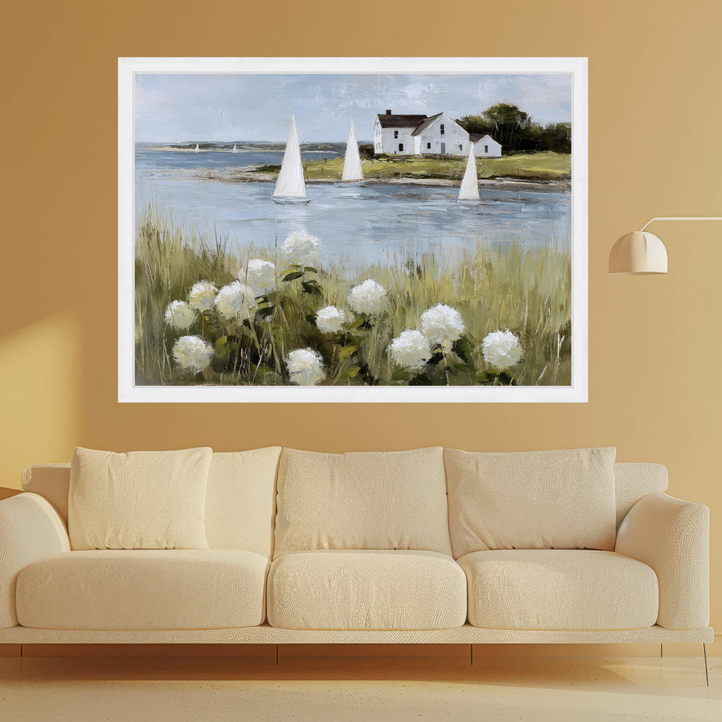 Coastal Sailboats and White Hydrangeas Canvas, Seaside Landscape Wall Art, Rustic House by Water Canvas, Nautical Home Decor, Ready to Hang