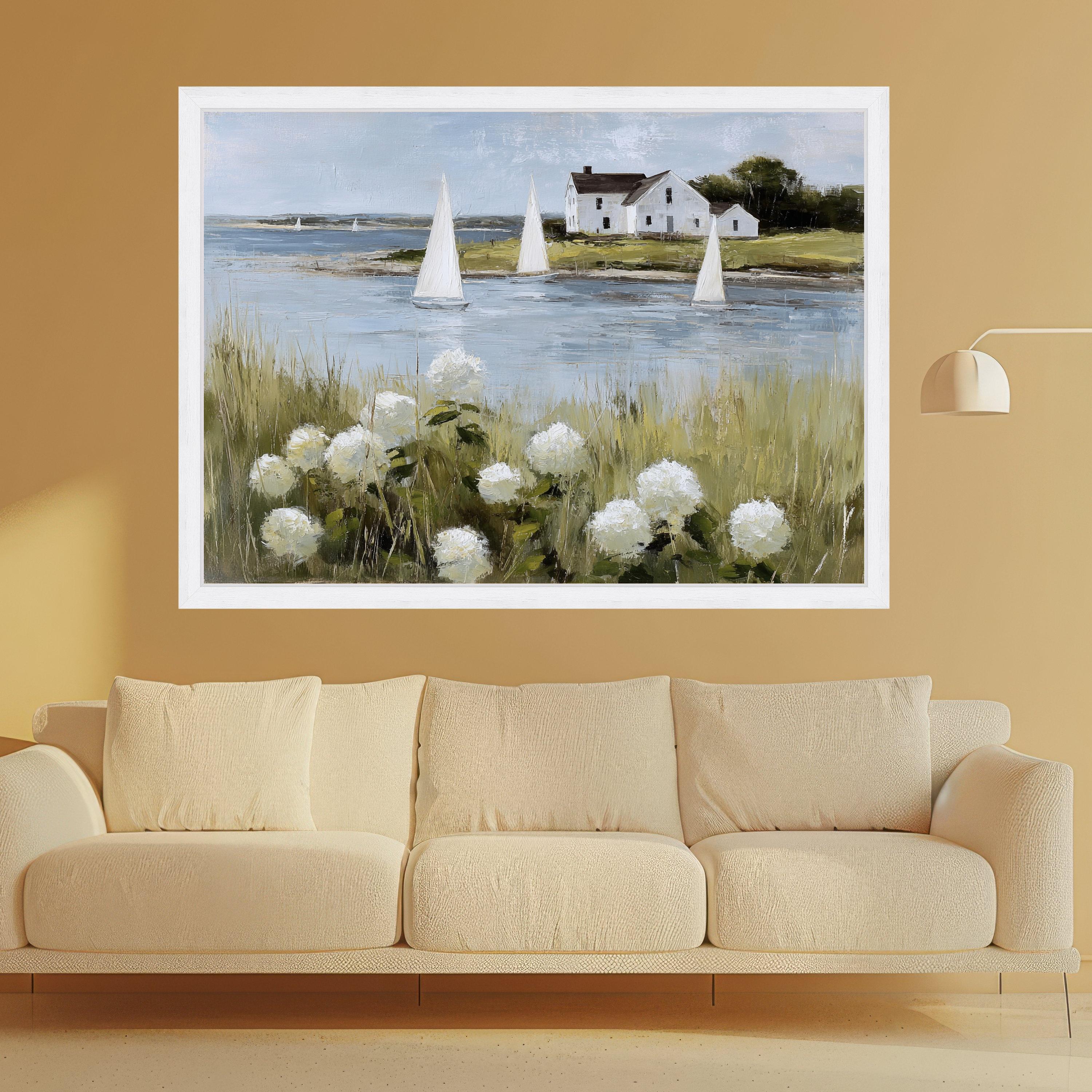 Coastal Sailboats and White Hydrangeas Canvas, Seaside Landscape Wall Art, Rustic House by Water Canvas, Nautical Home Decor, Ready to Hang