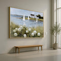 Coastal Sailboats and White Hydrangeas Canvas, Seaside Landscape Wall Art, Rustic House by Water Canvas, Nautical Home Decor, Ready to Hang