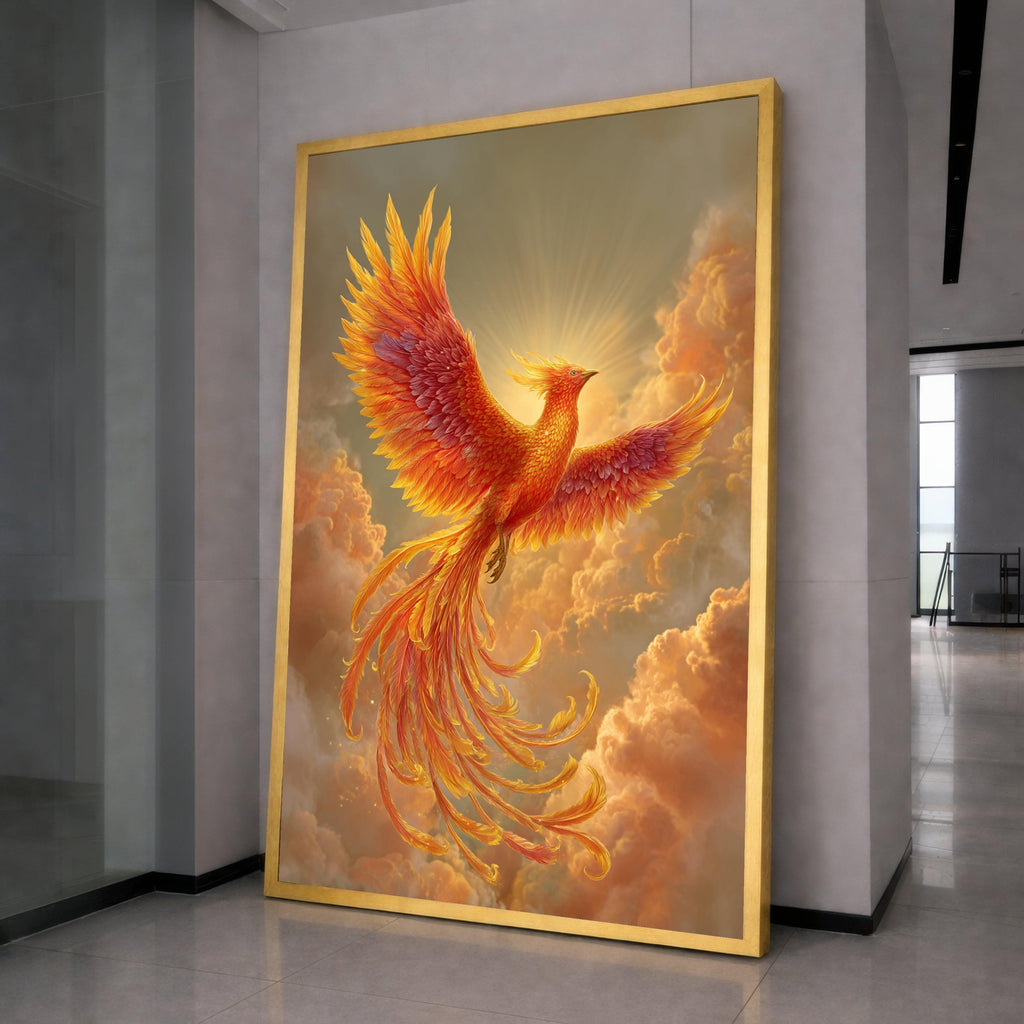 Majestic Phoenix Rising Canvas Wall Art, Fiery Bird in Flight, Mythical Creature Painting, Orange Sunset Clouds, Inspirational Home Décor