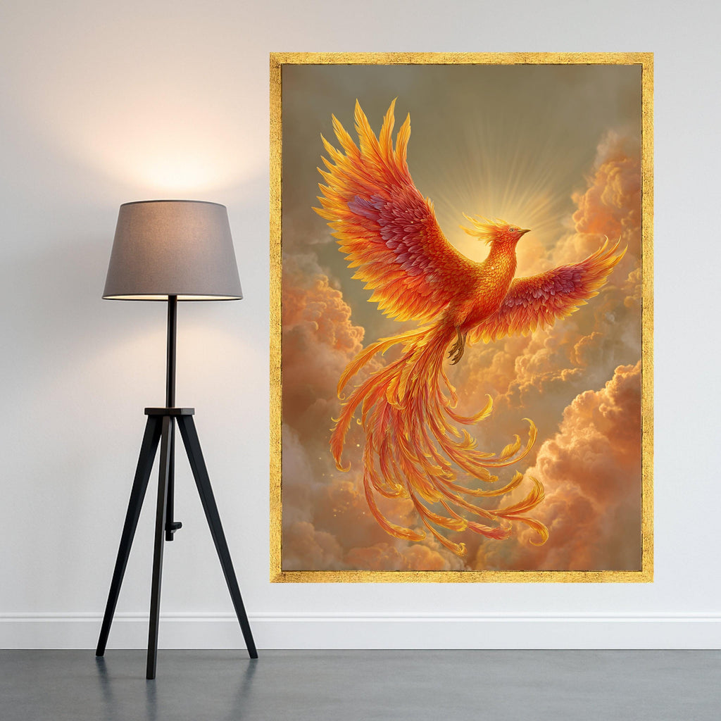 Majestic Phoenix Rising Canvas Wall Art, Fiery Bird in Flight, Mythical Creature Painting, Orange Sunset Clouds, Inspirational Home Décor