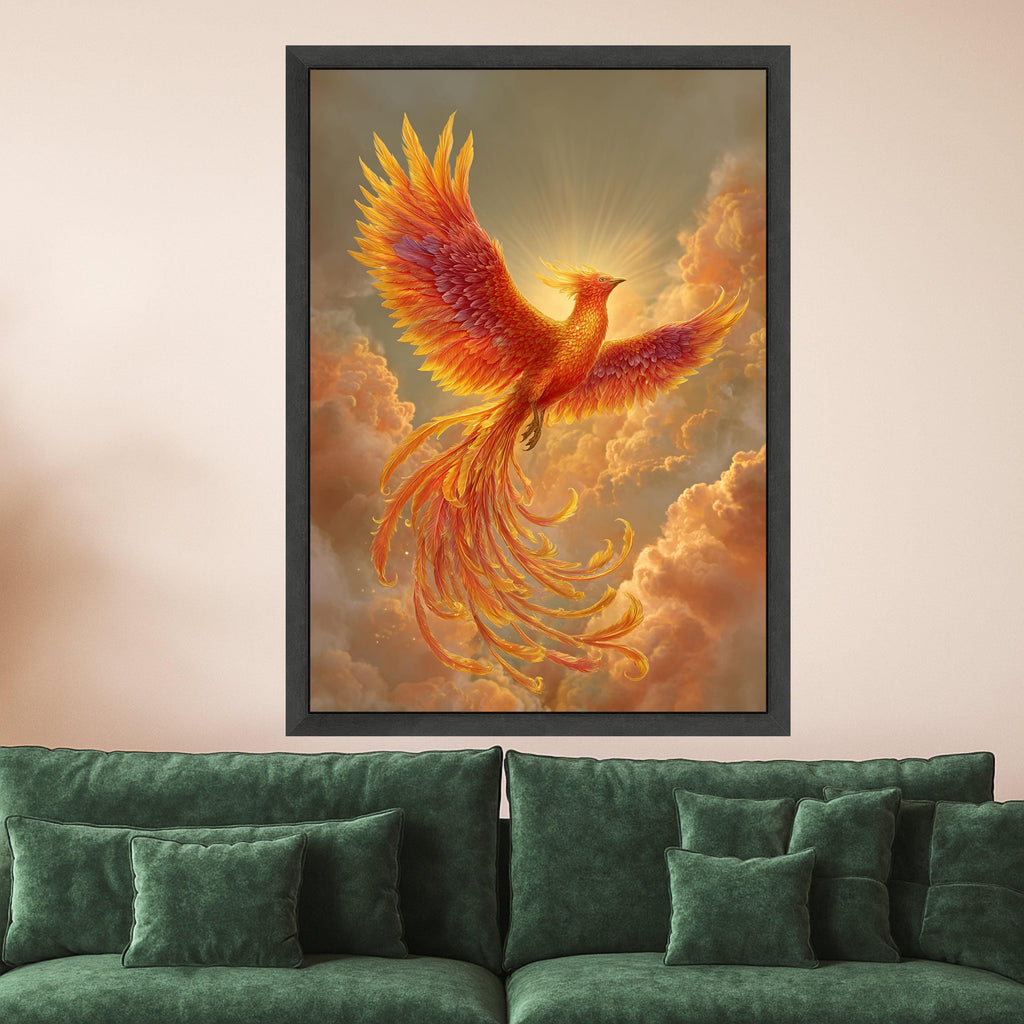 Majestic Phoenix Rising Canvas Wall Art, Fiery Bird in Flight, Mythical Creature Painting, Orange Sunset Clouds, Inspirational Home Décor