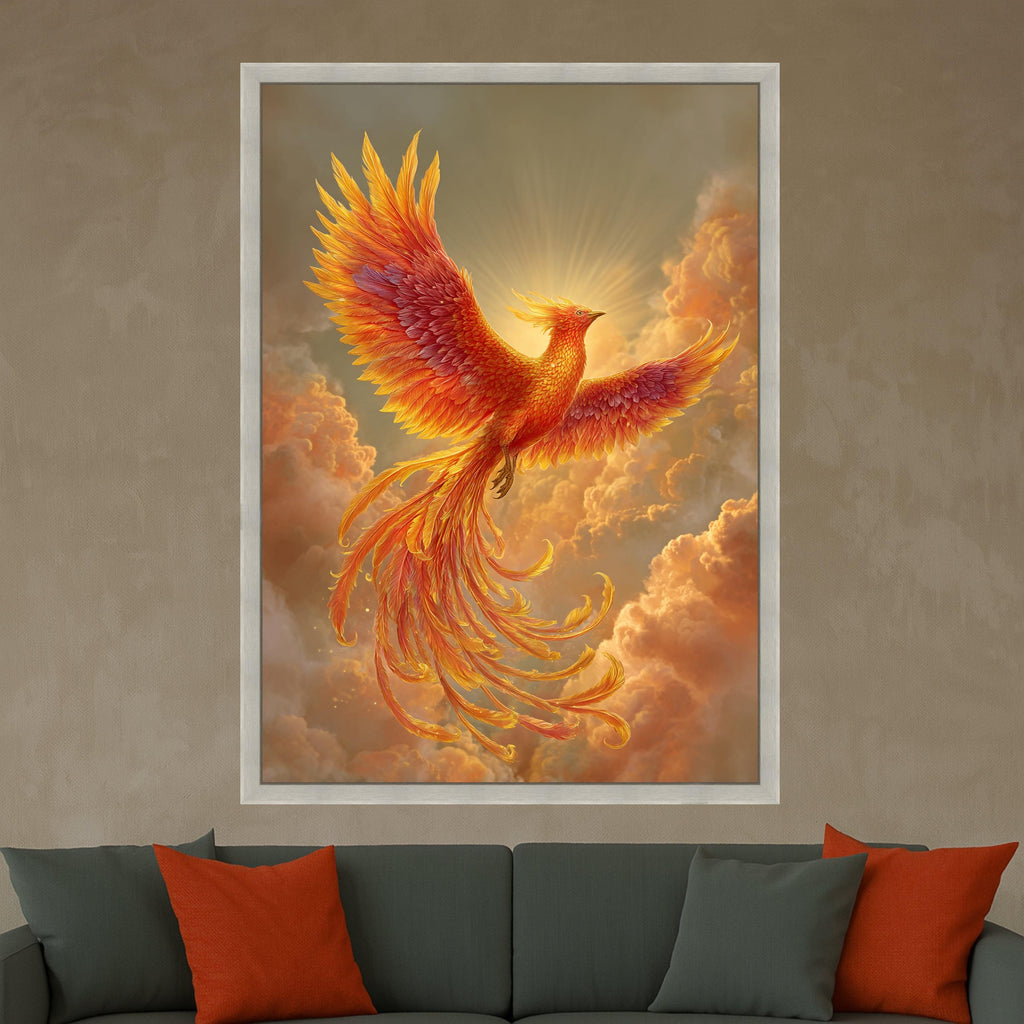 Majestic Phoenix Rising Canvas Wall Art, Fiery Bird in Flight, Mythical Creature Painting, Orange Sunset Clouds, Inspirational Home Décor