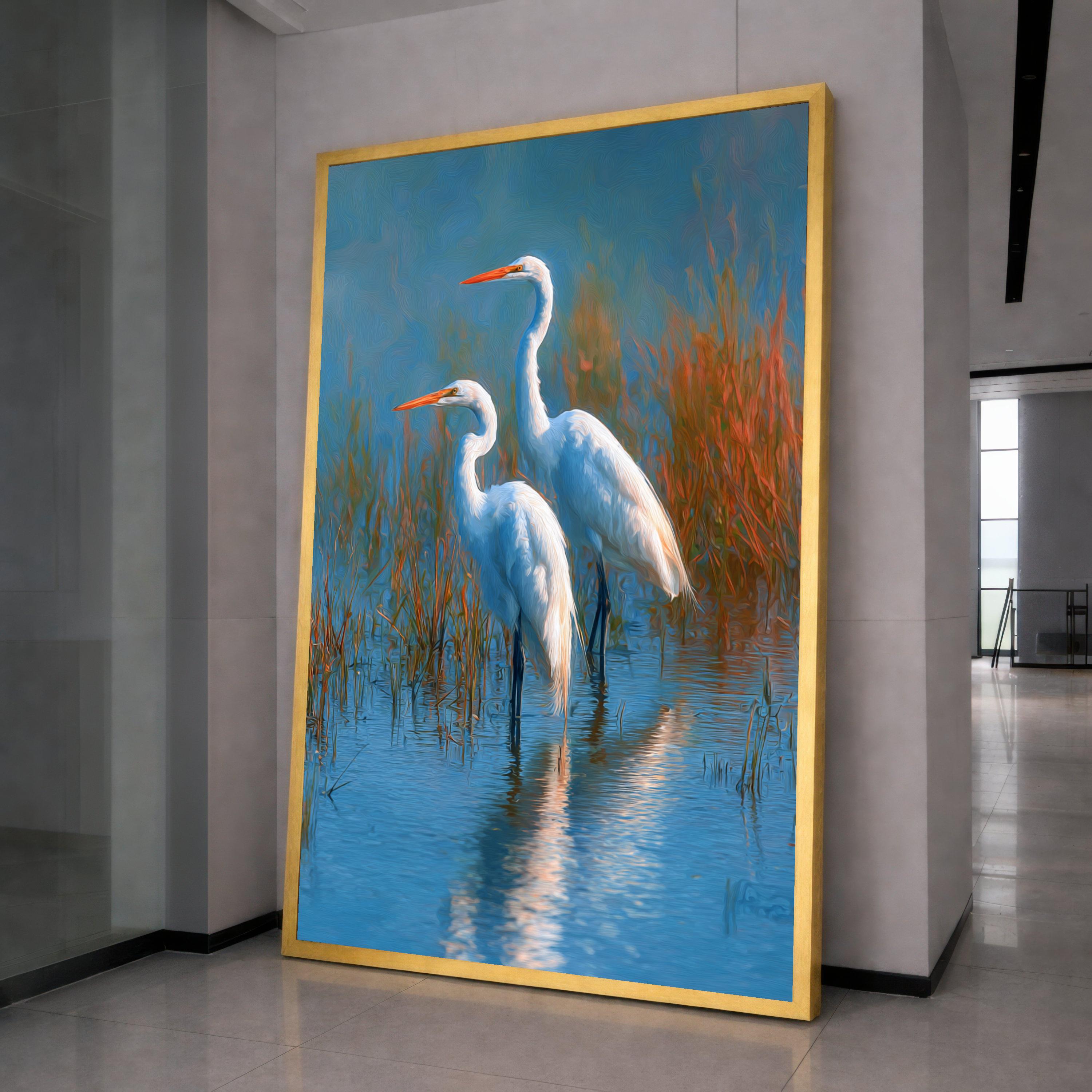 Elegant Great Egrets in Wetland Canvas, Nature Bird Wall Art, Wildlife Water Scene Decoration, Tranquil Marsh Landscape Artwork