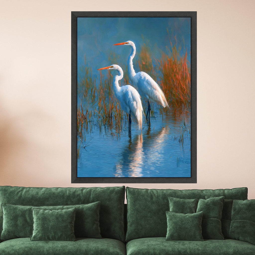 Elegant Great Egrets in Wetland Canvas, Nature Bird Wall Art, Wildlife Water Scene Decoration, Tranquil Marsh Landscape Artwork