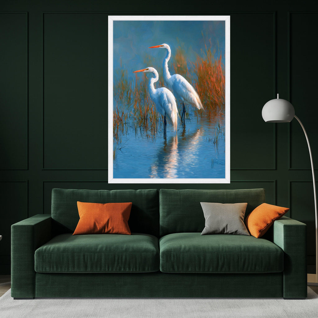 Elegant Great Egrets in Wetland Canvas, Nature Bird Wall Art, Wildlife Water Scene Decoration, Tranquil Marsh Landscape Artwork