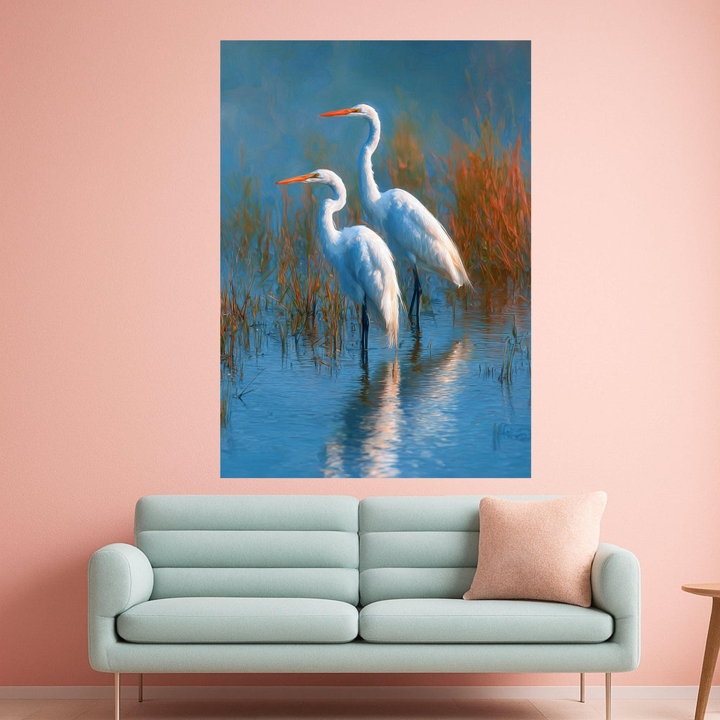 Elegant Great Egrets in Wetland Canvas, Nature Bird Wall Art, Wildlife Water Scene Decoration, Tranquil Marsh Landscape Artwork
