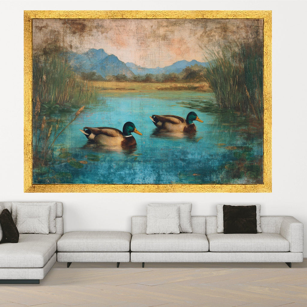 Tranquil Ducks on Blue Pond Canvas, Nature Wildlife Wall Art, Rustic Lake Landscape Painting, Home Decor Canvas Print